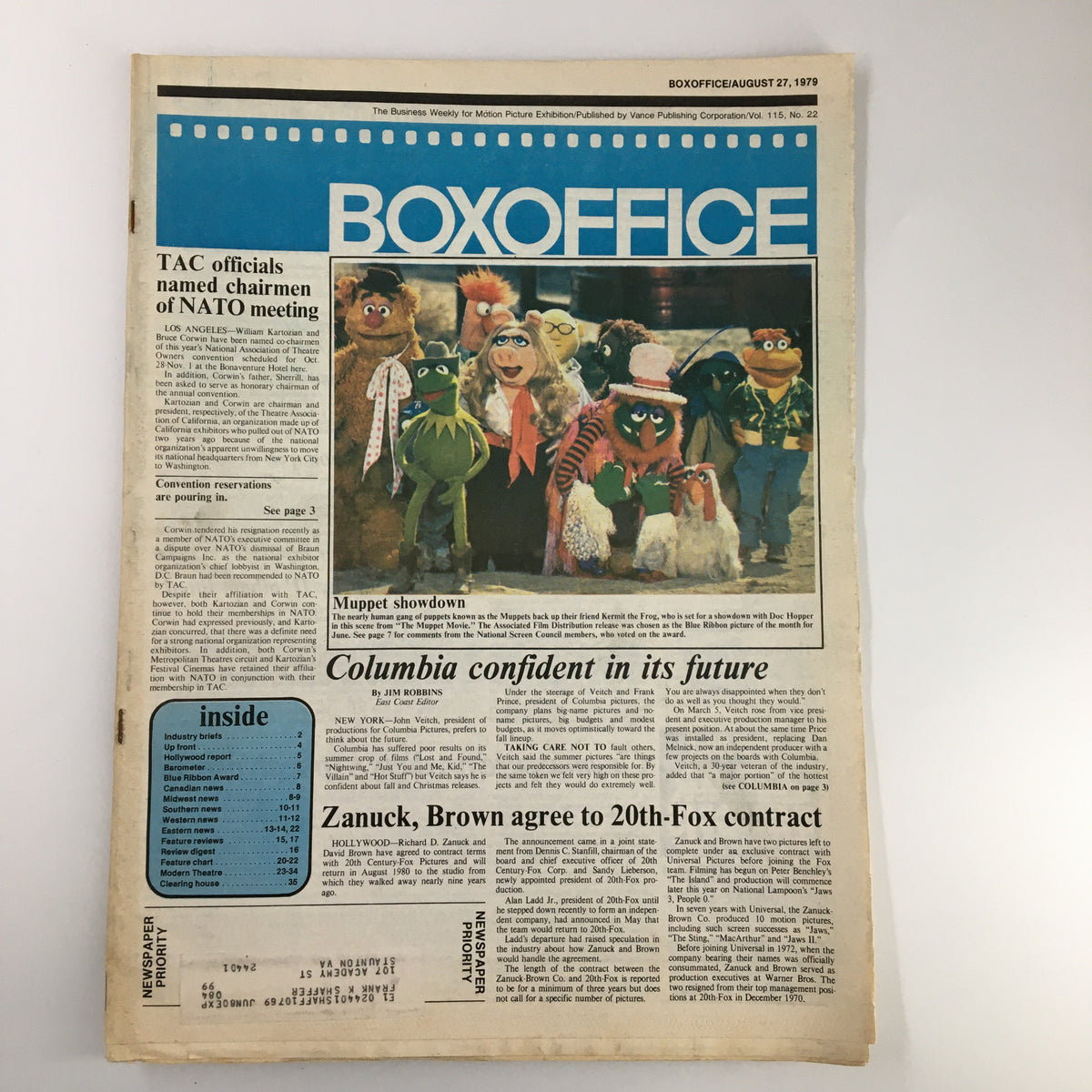Cover of Box Office Magazine dated August 27, 1979, featuring The Muppet Movie showdown with Kermit The Frog and other beloved Muppet characters, showcasing vintage entertainment culture.