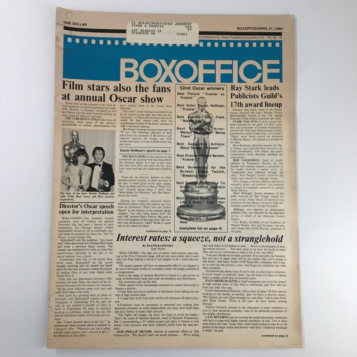 Cover of Box Office Magazine from April 21, 1980 featuring the title 'Box Office Magazine - April 21 1980 Dustin Hoffman and Sally Field The Best of Best'. The magazine highlights Oscar winners and includes a photo of Dustin Hoffman and Sally Field, along with details about their film 'Kramer vs. Kramer'.