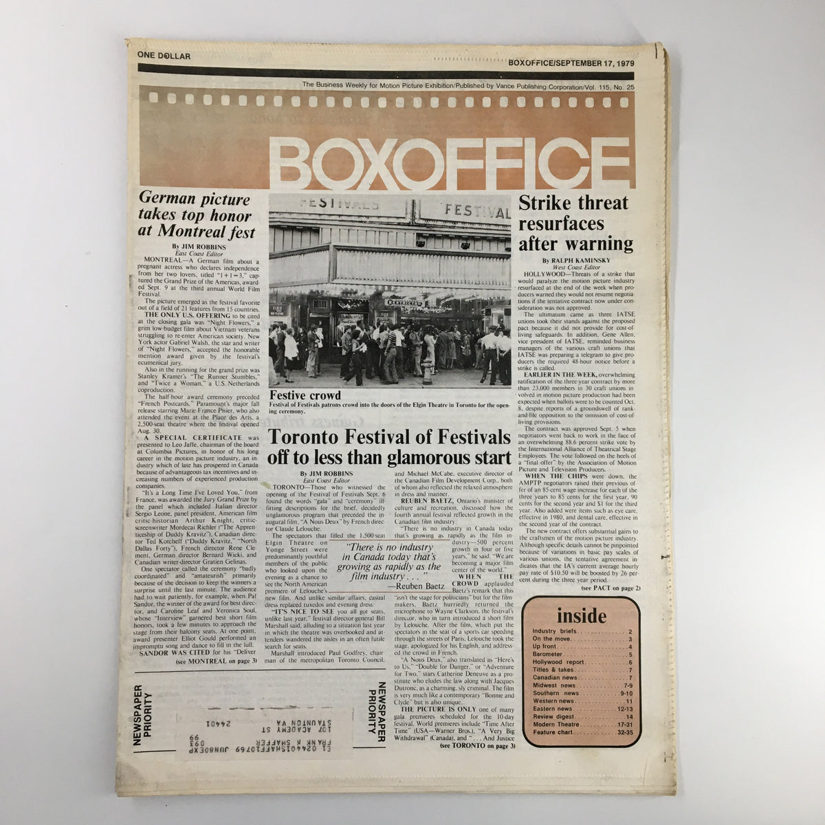 Box Office Magazine September 17 1979 featuring coverage of the Toronto Festival of Festivals with a festive crowd outside the venue. This vintage publication highlights key events and articles from the 1979 film industry.