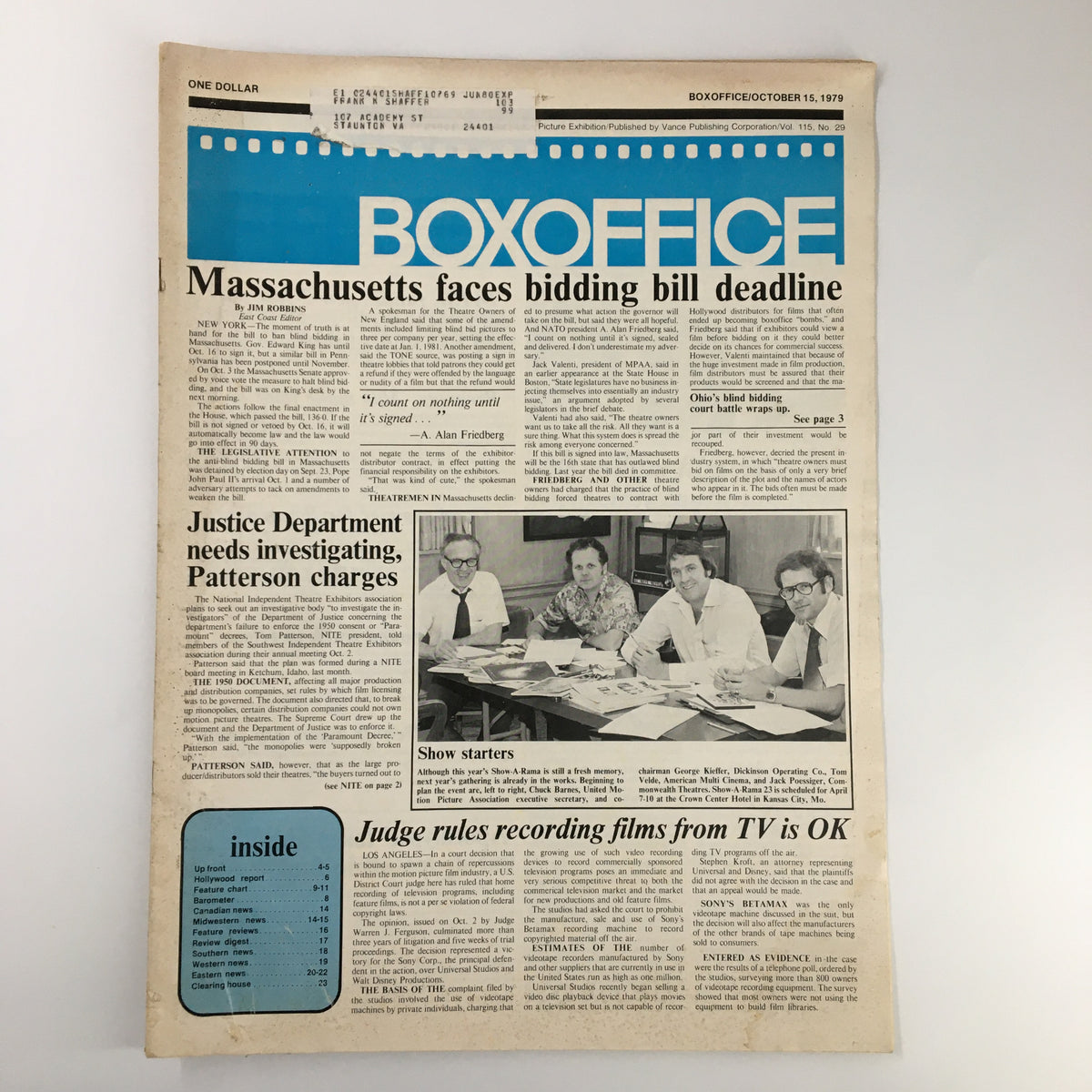 Cover of Box Office Magazine from October 15, 1979, featuring headlines about Massachusetts bidding bill deadline and Justice Department investigations related to film industry charges in Patterson.