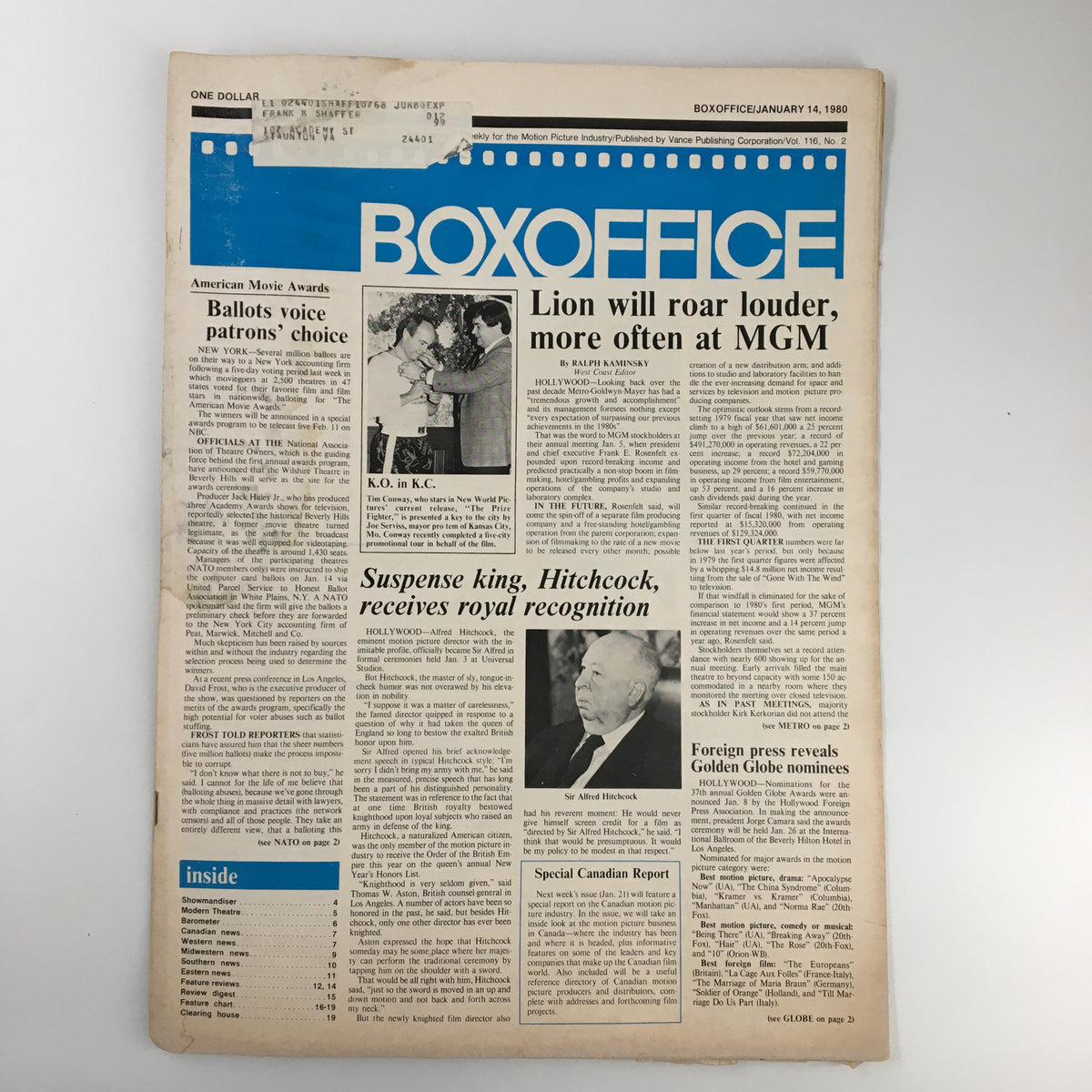 Cover of Box Office Magazine dated January 14, 1980, featuring the headline 'Lion Will Roar Louder, More Often at MGM', showcasing vintage cinema history.