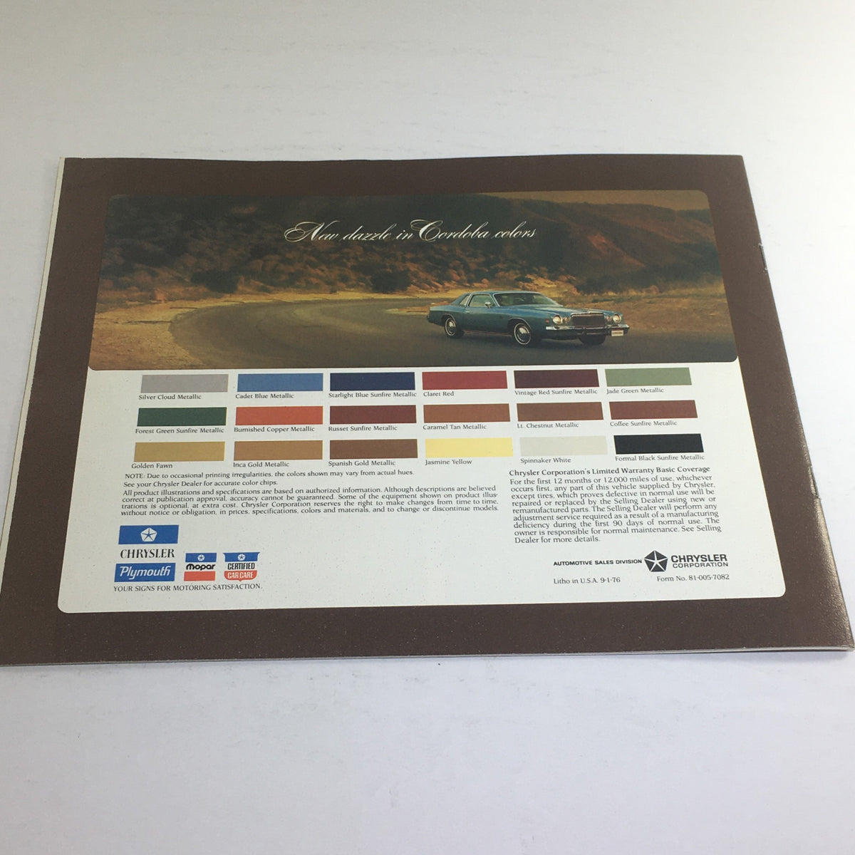 Back cover detailing color options for the 1977 Chrysler Cordoba as featured in the 1977 Chrysler Cordoba Halo Roof Dealership Car Auto Brochure Catalog.