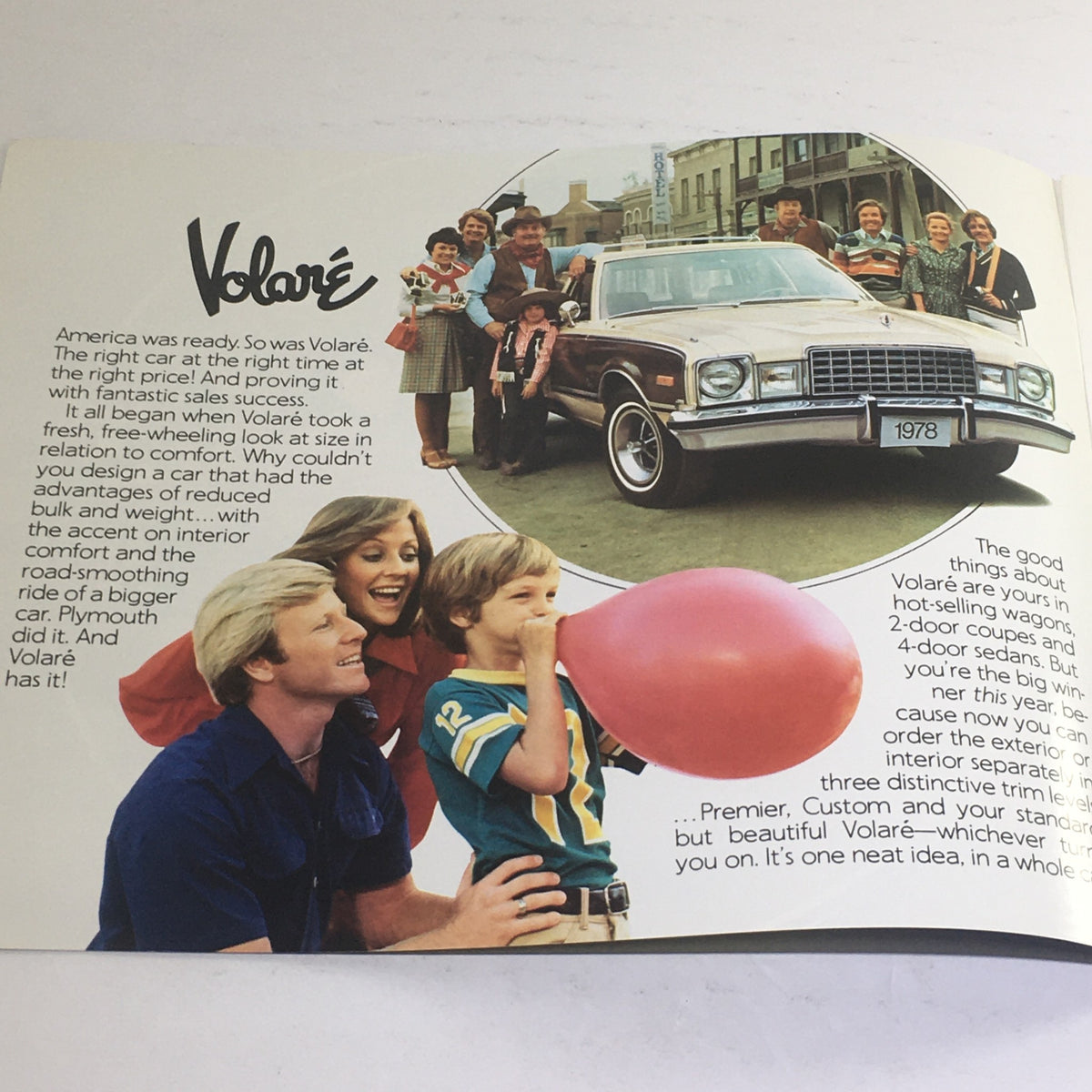 Inside page of the 1978 Plymouth Volare Coupe Sedan Dealership Car Auto Brochure Catalog showcasing a family and the Volare car, discussing its spaciousness and comfort.