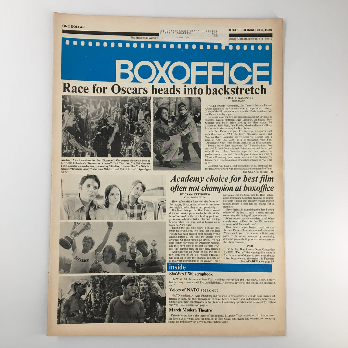 Box Office Magazine dated March 3, 1980, featuring the headline 'Race for Oscars Heads Into Backstretch'. The magazine cover showcases various images related to the Oscar race, capturing the excitement of Hollywood, along with articles discussing significant contenders and industry insights.