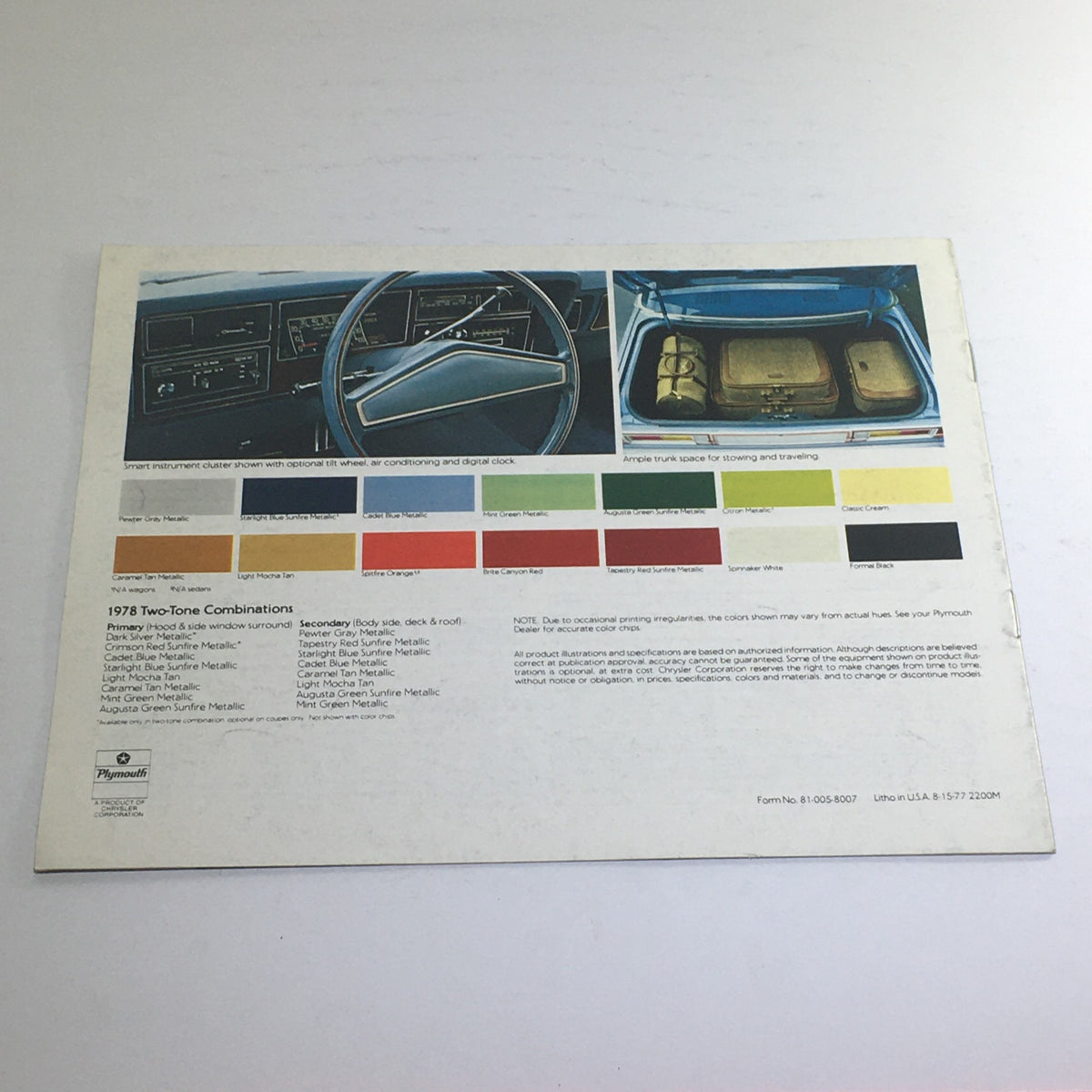 Back page of the 1978 Plymouth Volare Coupe Sedan Dealership Car Auto Brochure Catalog highlighting 1978 two-tone color combinations for the Plymouth Volare.