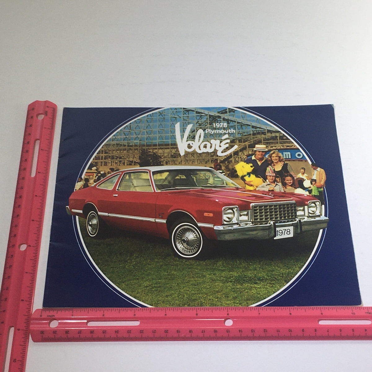 Another view of the 1978 Plymouth Volare Coupe Sedan Dealership Car Auto Brochure Catalog cover, with a focus on dimensions shown with a ruler.