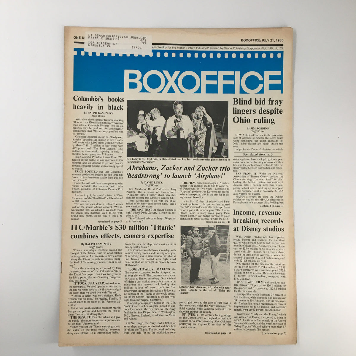 Cover of Box Office Magazine, July 21, 1980, featuring the headline 'Blind bid fray lingers despite Ohio ruling' and articles about the film industry, including notable mentions of 'Airplane!' and Disney studios' breaking records.