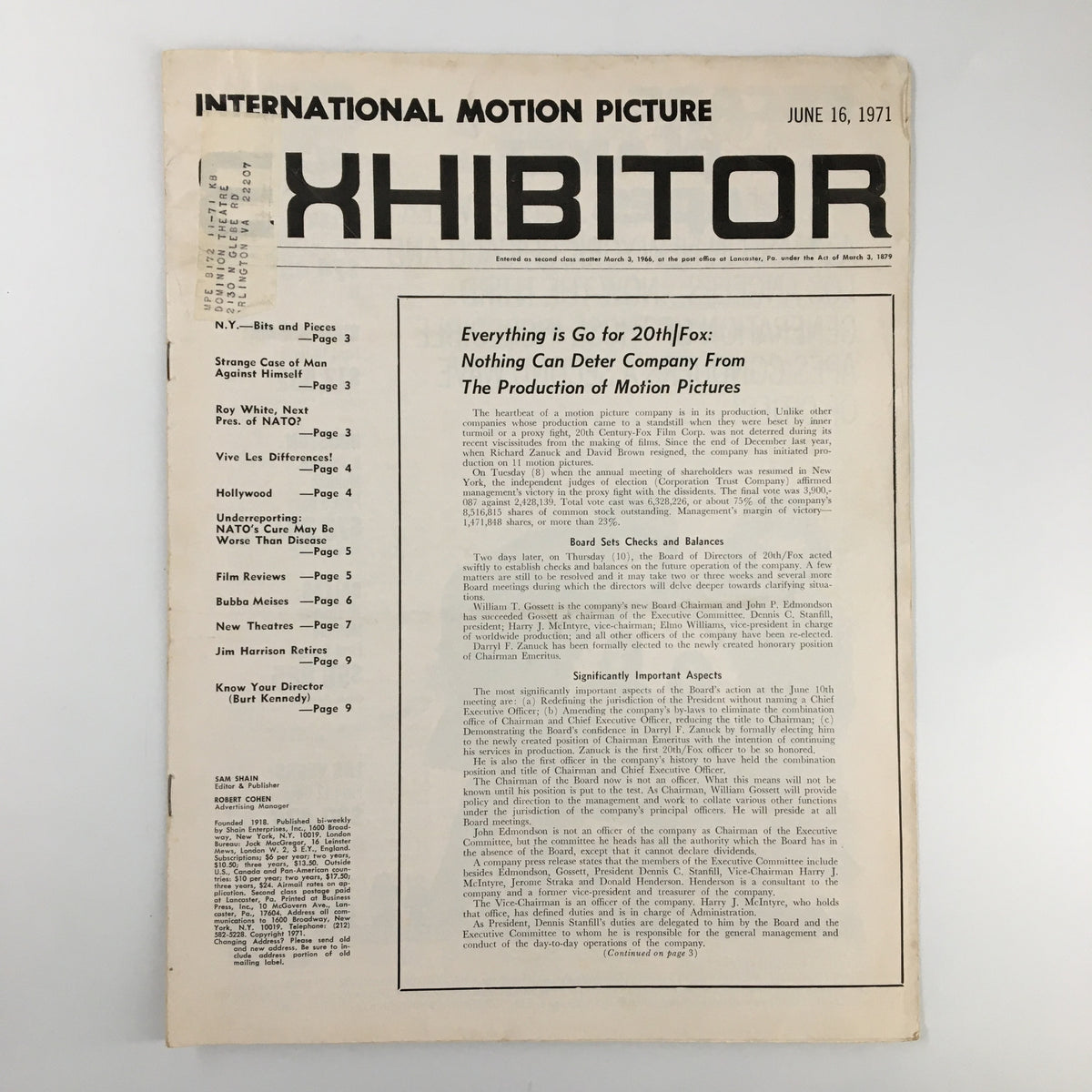 Int. Motion Picture Exhibitor Magazine June 16 1971 Everything go For 20th/Fox