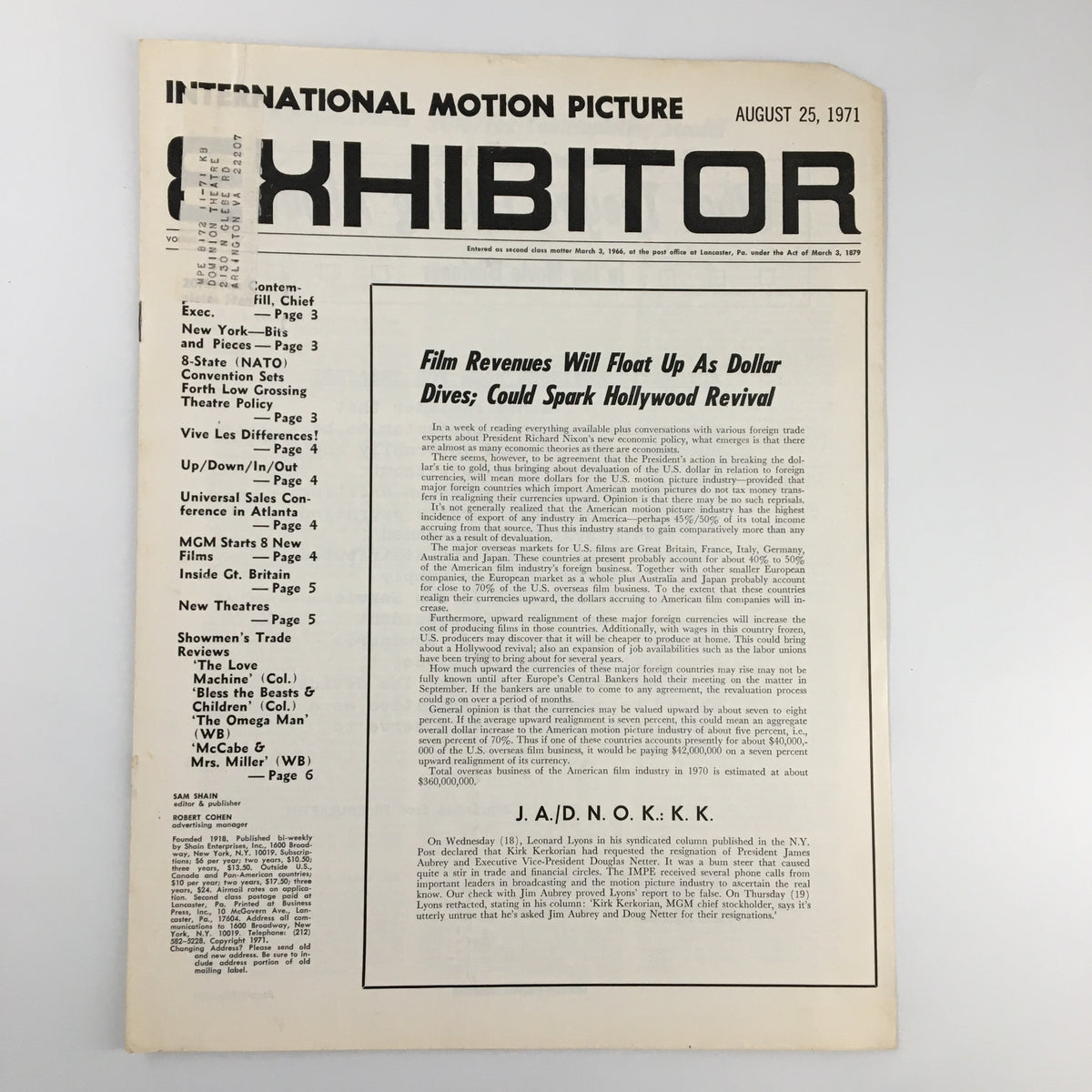 Cover of the International Motion Picture Exhibitor magazine dated August 25, 1971, featuring the article 'Film Revenues Will Float Up As Dollar Dives; Could Spark Hollywood Revival' along with sections on industry news and trends.