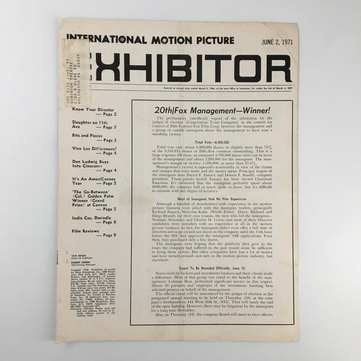 Cover of International Motion Picture Exhibitor Magazine from June 2, 1971, featuring an article on 20th/Fox Management's success and industry insights.