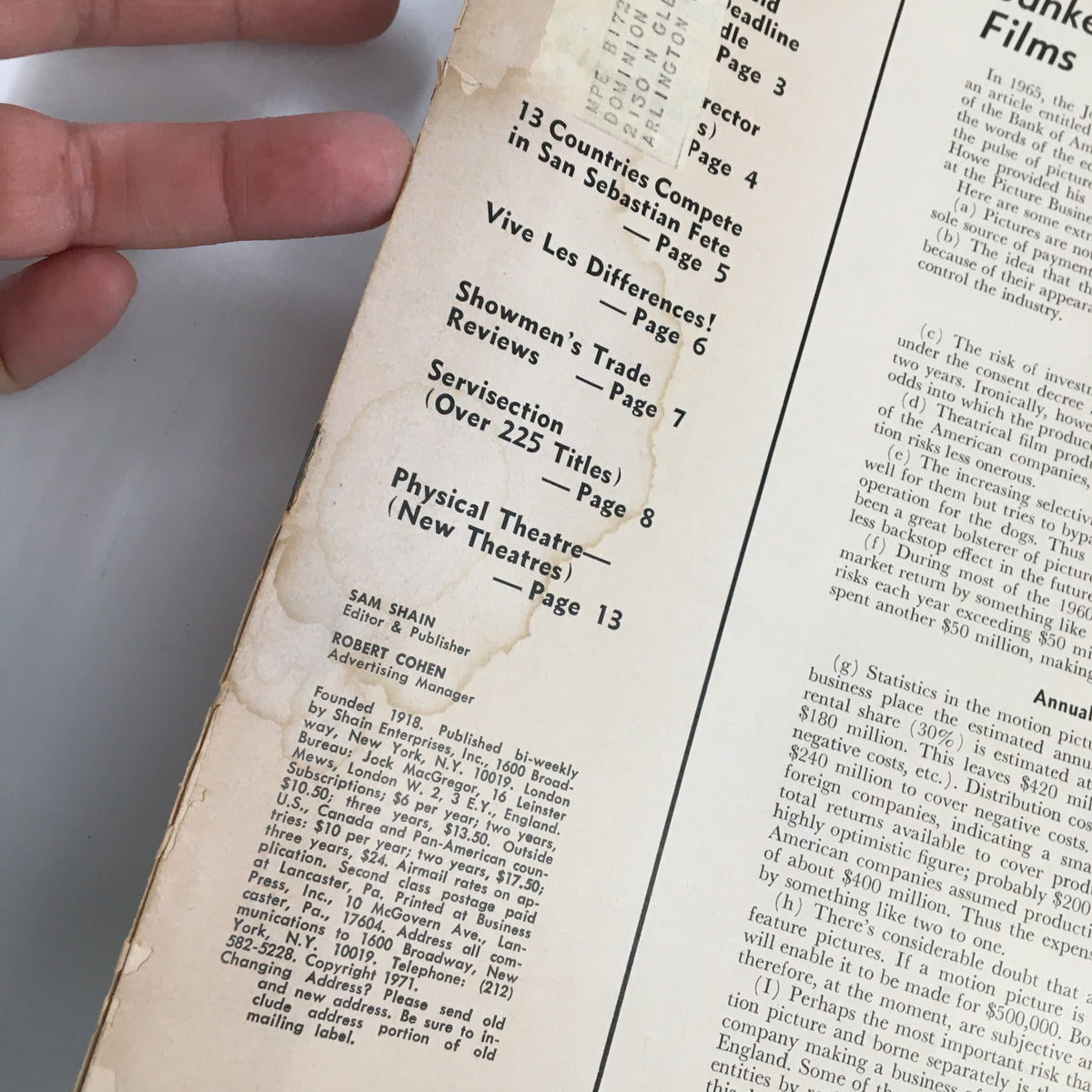 Close-up view of the Int. Motion Picture Exhibitor Magazine's content page from July 14, 1971, highlighting articles on industry trends, including 'Showmen's Trade Reviews' and 'Physical Theatre', reflecting the magazine's focus on the film industry.