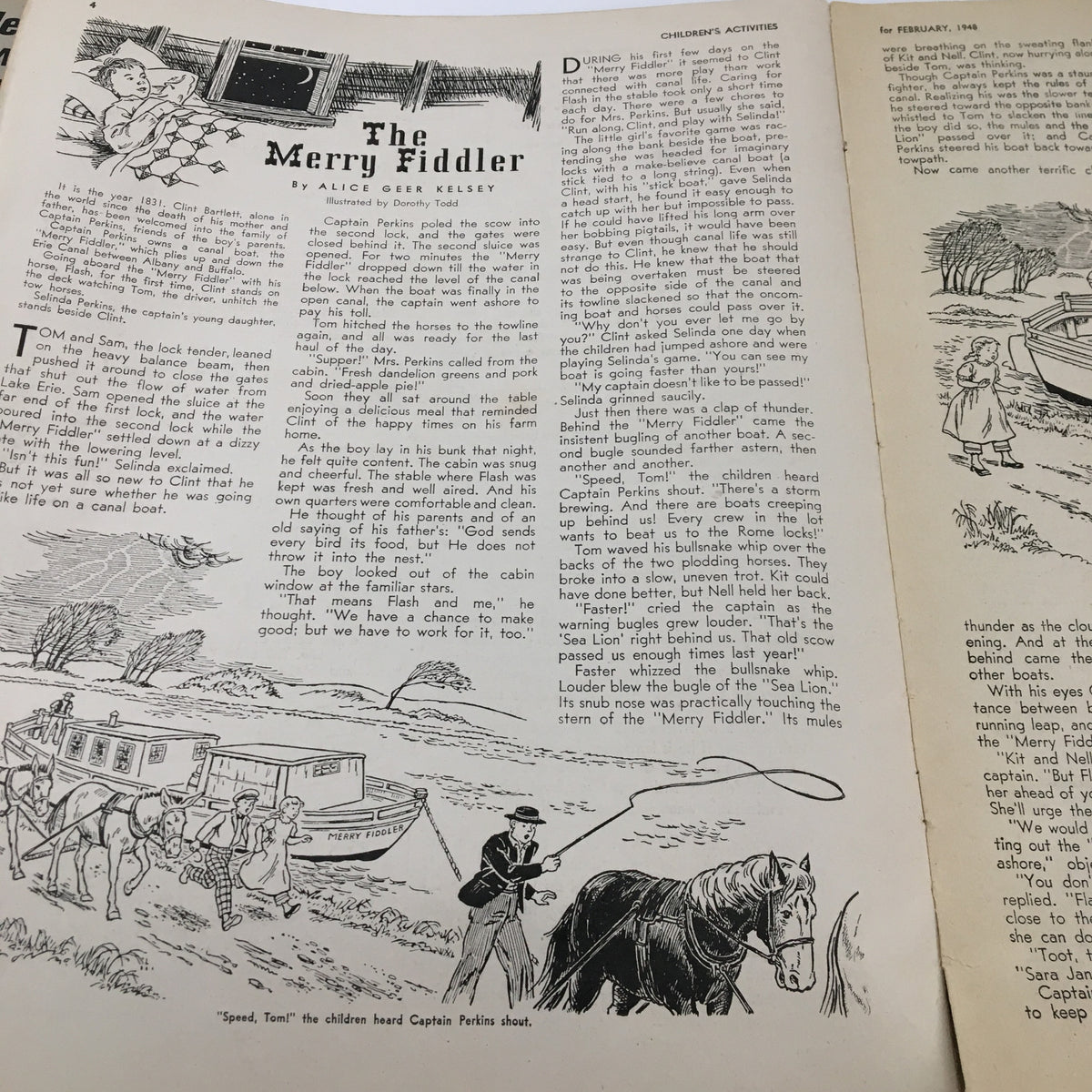 Story page from Children's Activities Magazine February 1948 titled 'The Merry Fiddler,' illustrating a narrative with black and white drawings related to children's storytelling.