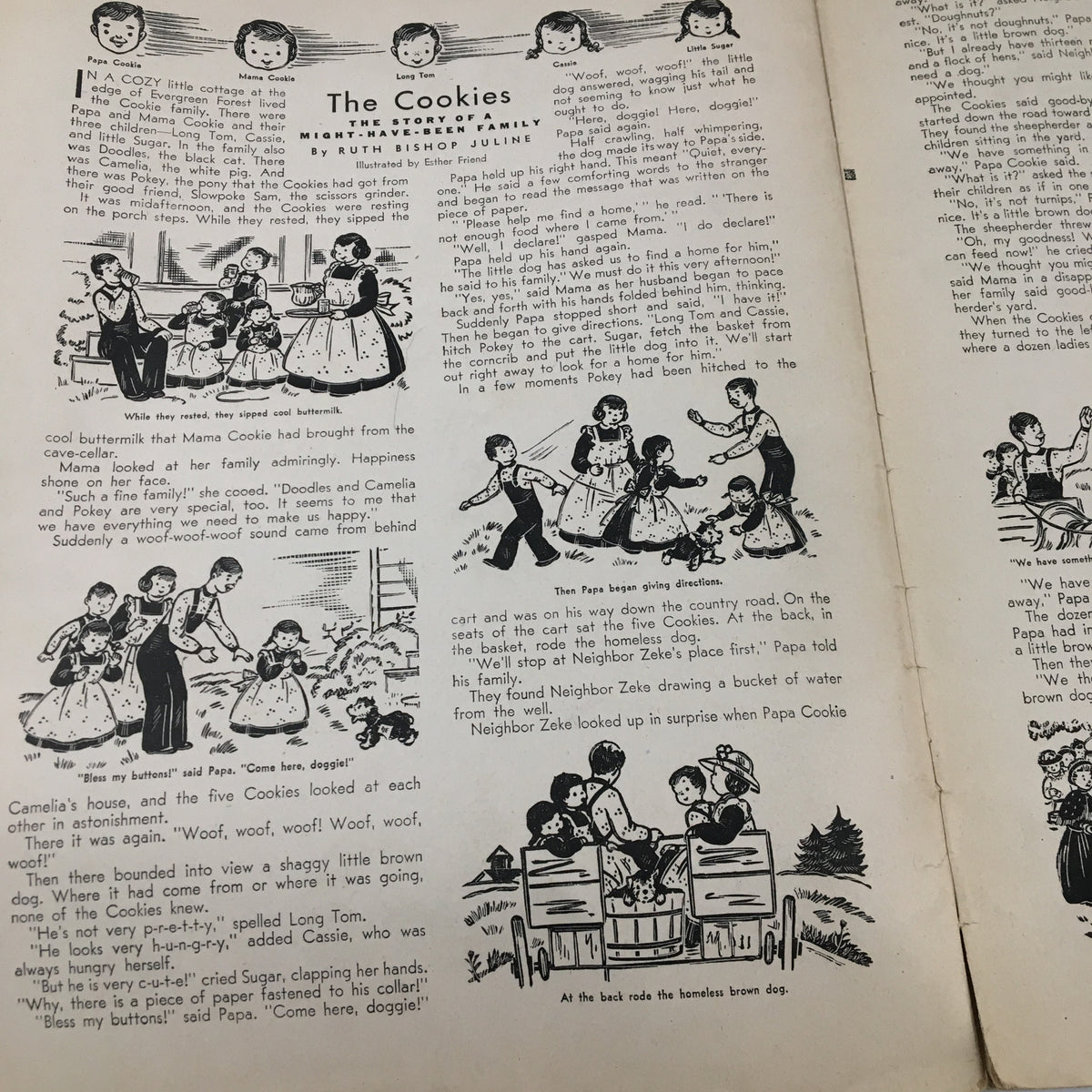 Illustrated story page from Children's Activities Magazine February 1948 titled 'The Cookies,' presenting a family theme with playful narratives and engaging illustrations.