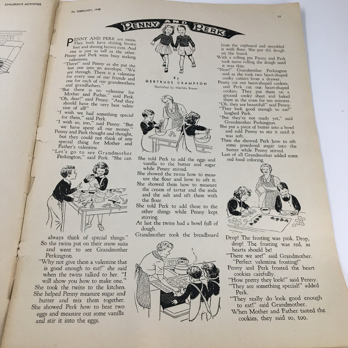 Children's Activities Magazine February 1948 page featuring the story 'Penny and Perk' with illustrations of twins engaging in Valentine's Day activities.