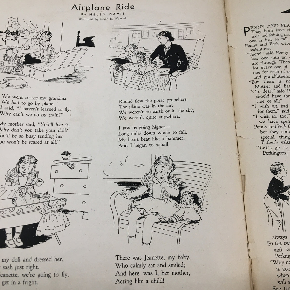 Children's Activities Magazine February 1948 page featuring the story 'Airplane Ride' with illustrations of children playing with dolls and experiencing an imaginative journey.