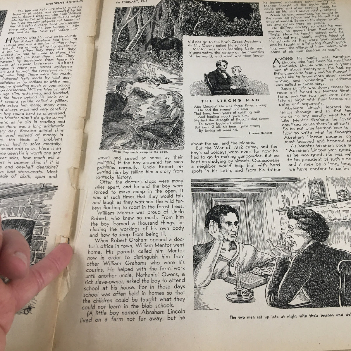 Children's Activities Magazine February 1948 page depicting a story about Abraham Lincoln and his early life, featuring illustrations of historical scenes.