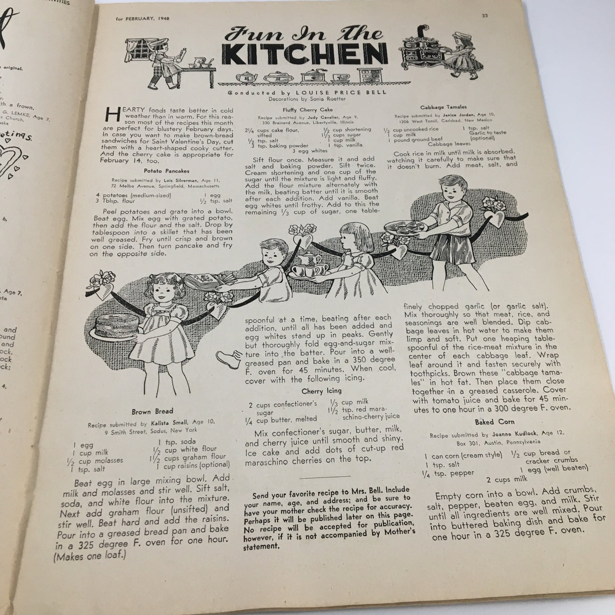 Children's Activities Magazine February 1948 page showcasing a recipe section titled 'Fun In The Kitchen' with various cooking activities for children.
