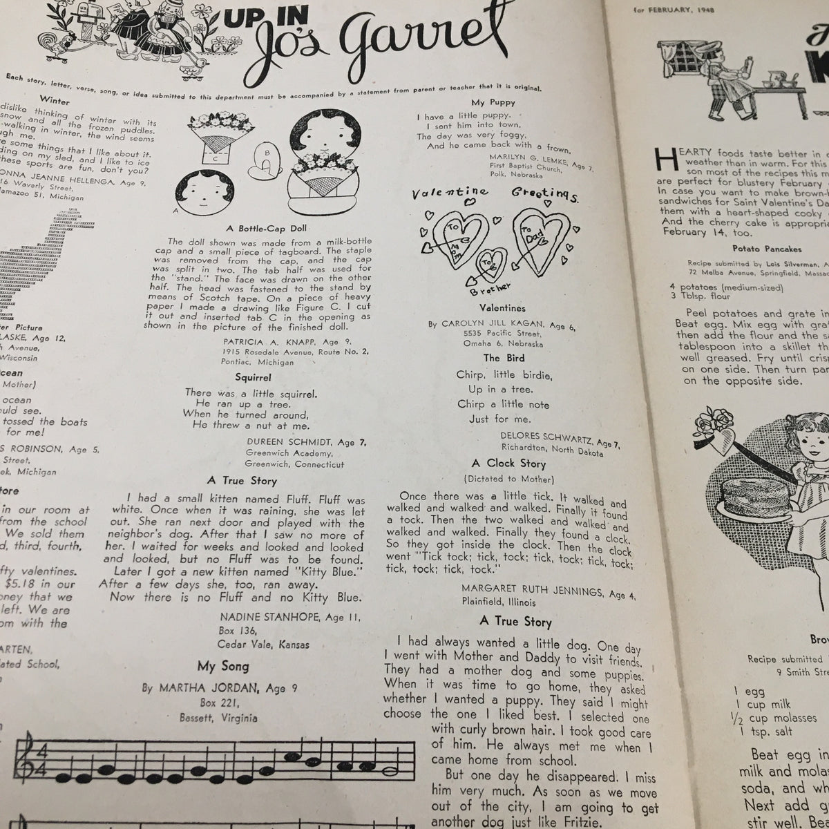 Children's Activities Magazine February 1948 page titled 'Up in Jo's Garret' featuring children's stories, illustrations, and creative contributions from young writers.