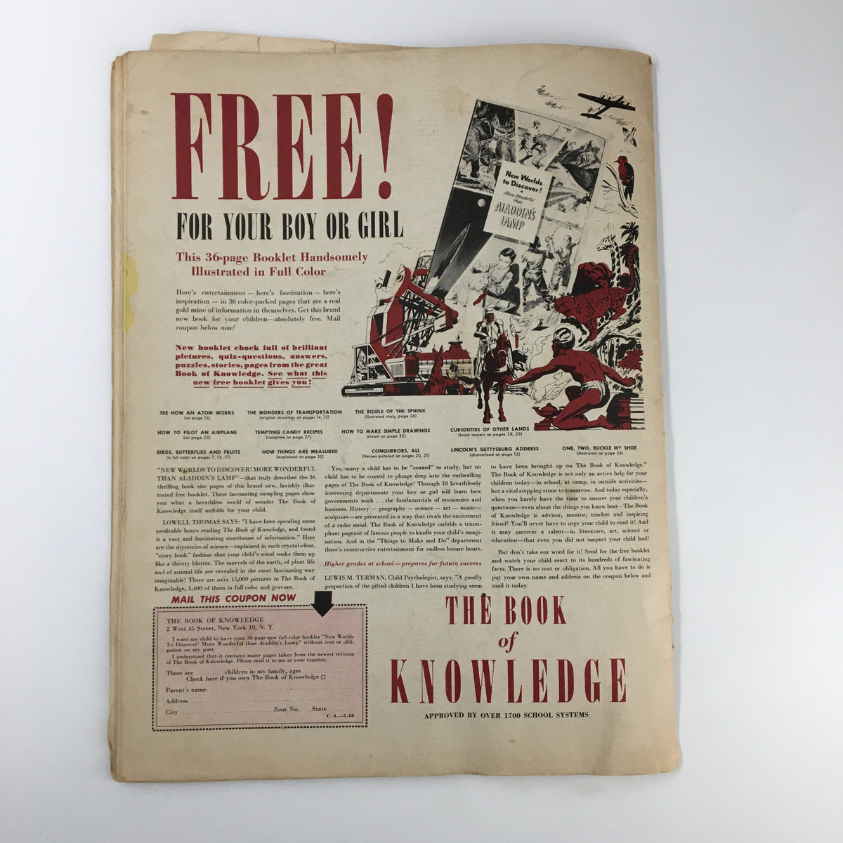 Children's Activities Magazine February 1948 promotional page presenting a free booklet offer with educational content aimed at children.