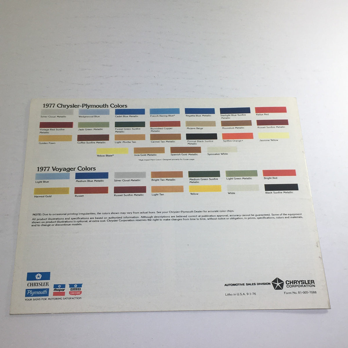 Rear of the 1977 Chrysler-Plymouth Wagon Station Dealership Sale Car Auto Brochure Catalog showcasing the available color options for Chrysler-Plymouth vehicles.