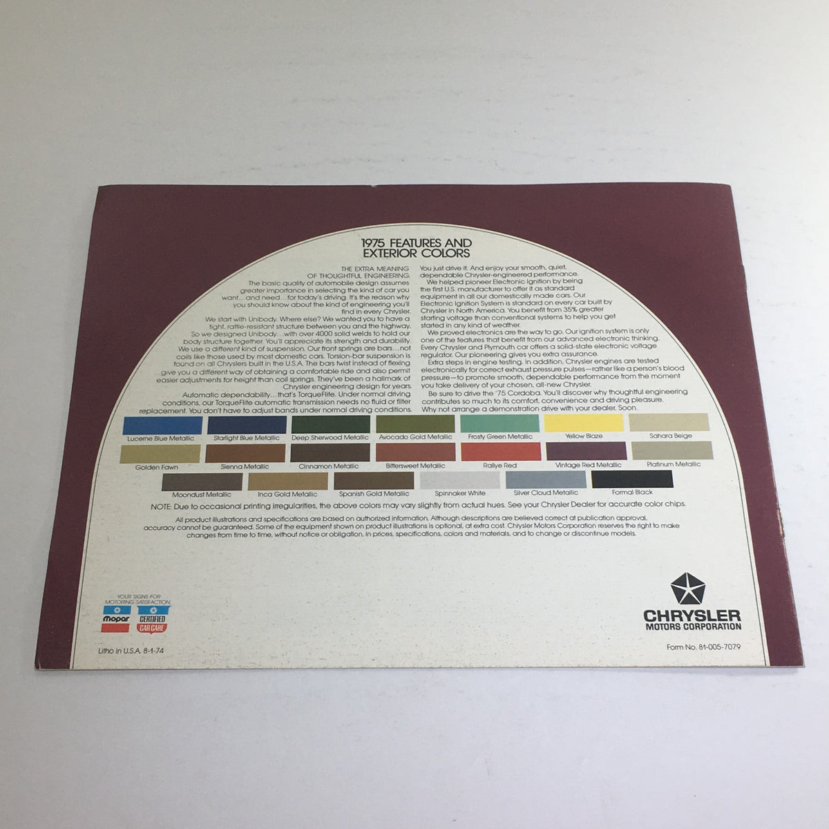 1975 Chrysler Cordoba Showroom Dealership Auto Brochure Catalog featuring color options and features of the Chrysler Cordoba.