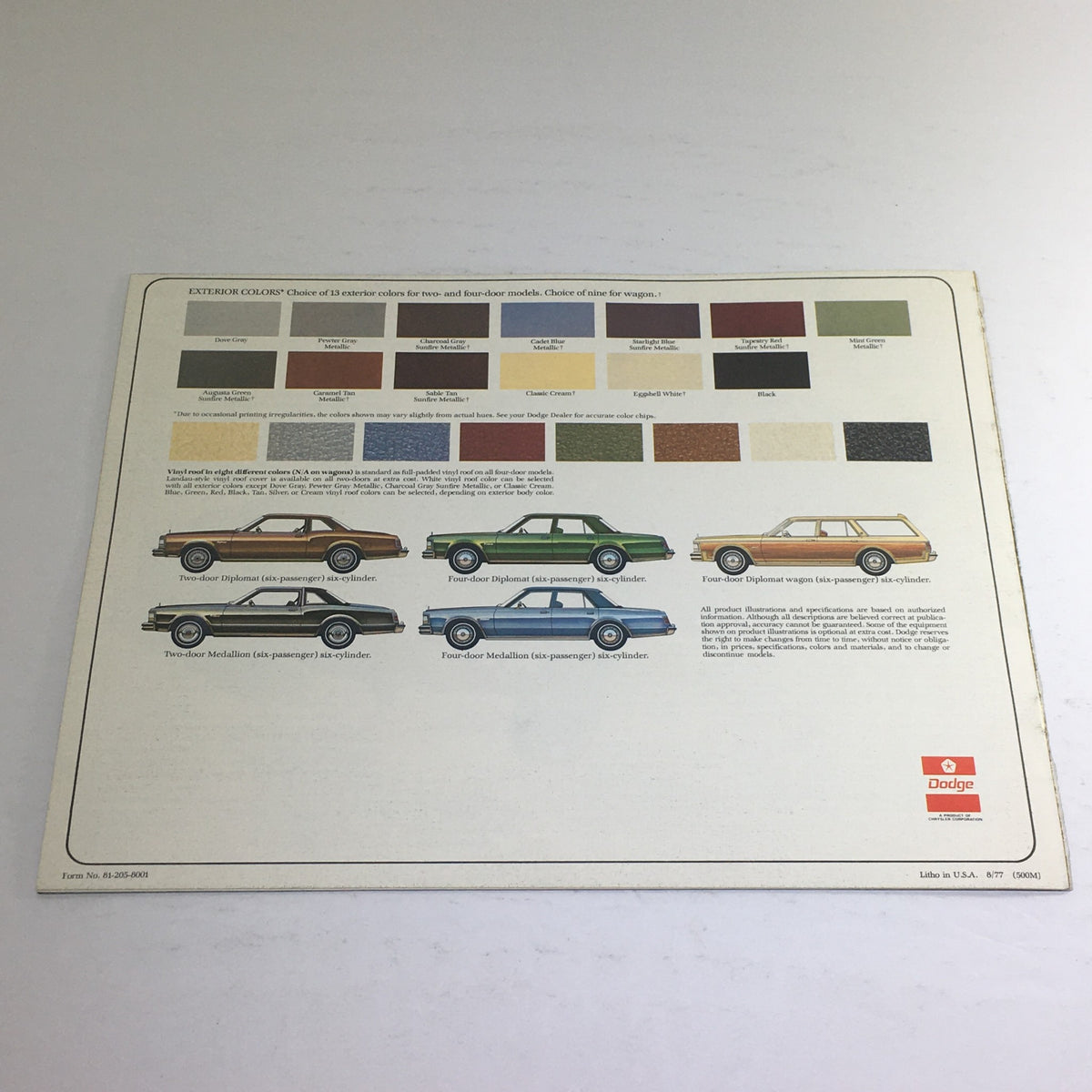 1978 Dodge Diplomat Medallion Dealership Advertising Car Auto Brochure Catalog featuring the exterior color options for the Dodge Diplomat in a catalog format.