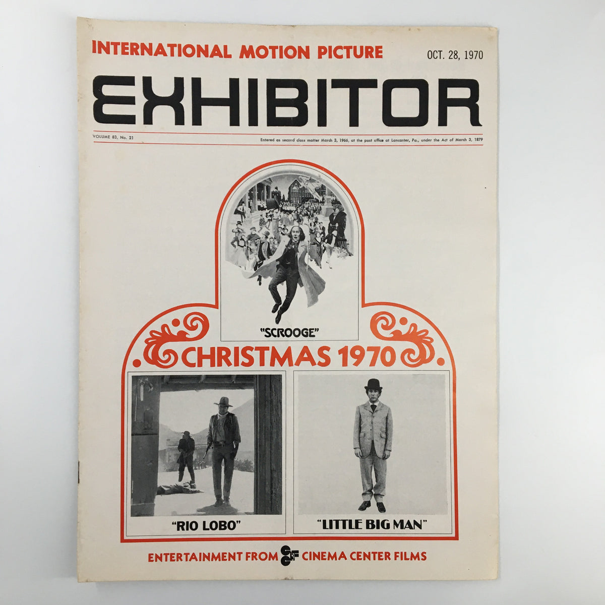 Cover of the International Motion Picture Exhibitor Magazine from October 28, 1970, featuring classic films 'Scrooge' and 'Little Big Man', along with promotional content for 'Rio Lobo' and a festive Christmas theme.