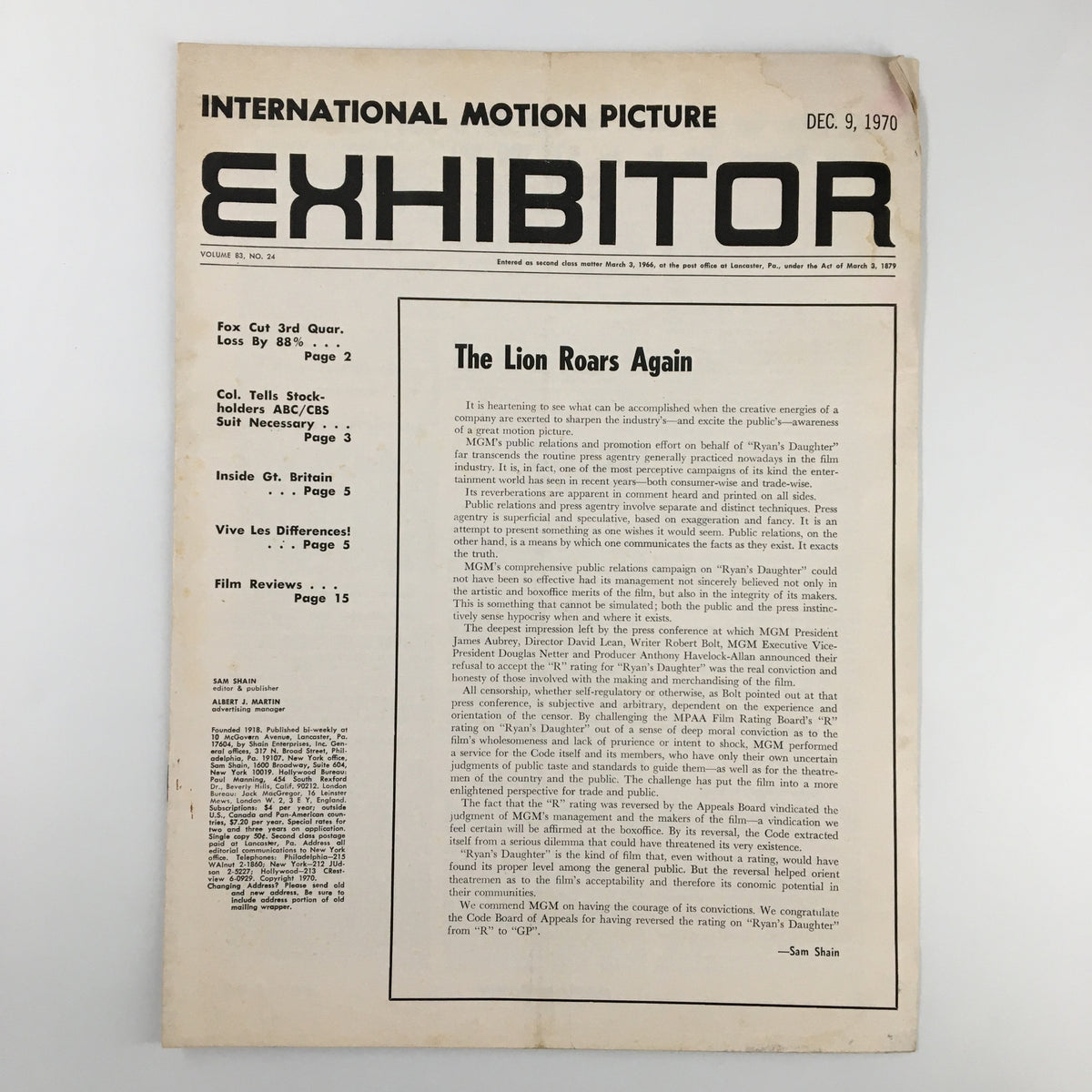 Cover of the International Motion Picture Exhibitor Magazine from December 9, 1970, featuring the title 'The Lion Roars Again' and showcasing vintage film industry information.