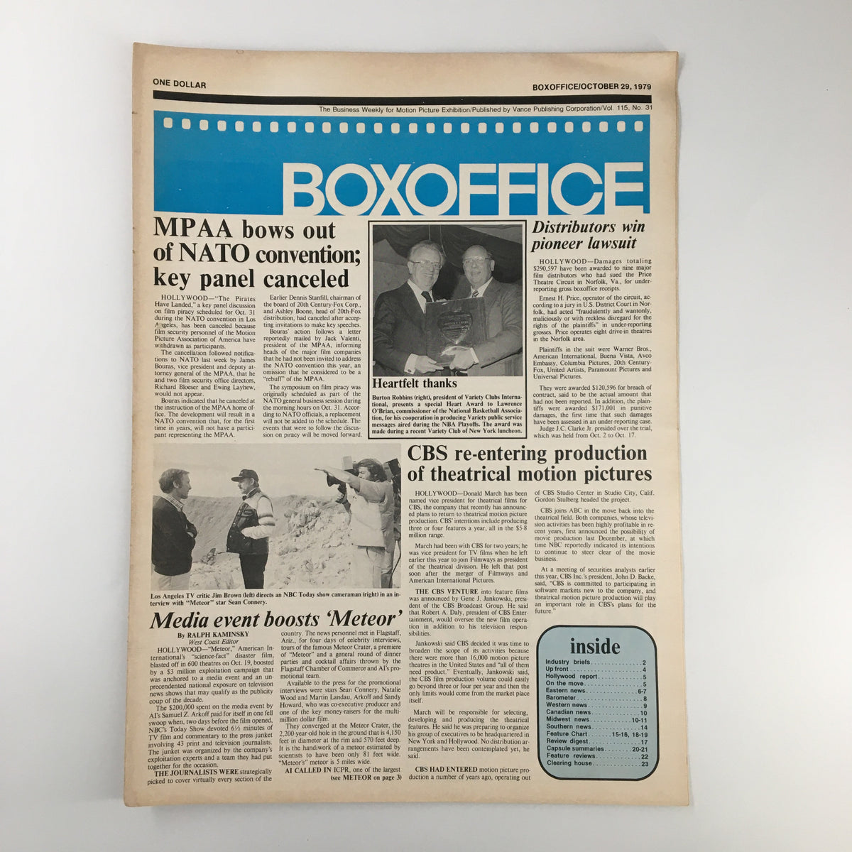 Box Office Magazine Cover featuring articles on the MPAA, distributors' lawsuit, and CBS re-entering theatrical production, dated October 29, 1979, highlighting film industry insights and vintage cinema history.