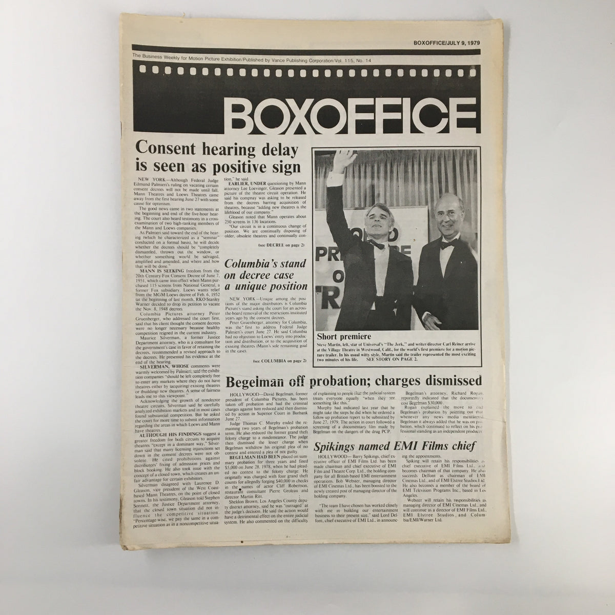Cover page of Box Office Magazine from July 9, 1979, featuring insights into the film industry alongside a photo of two men at a premiere event.