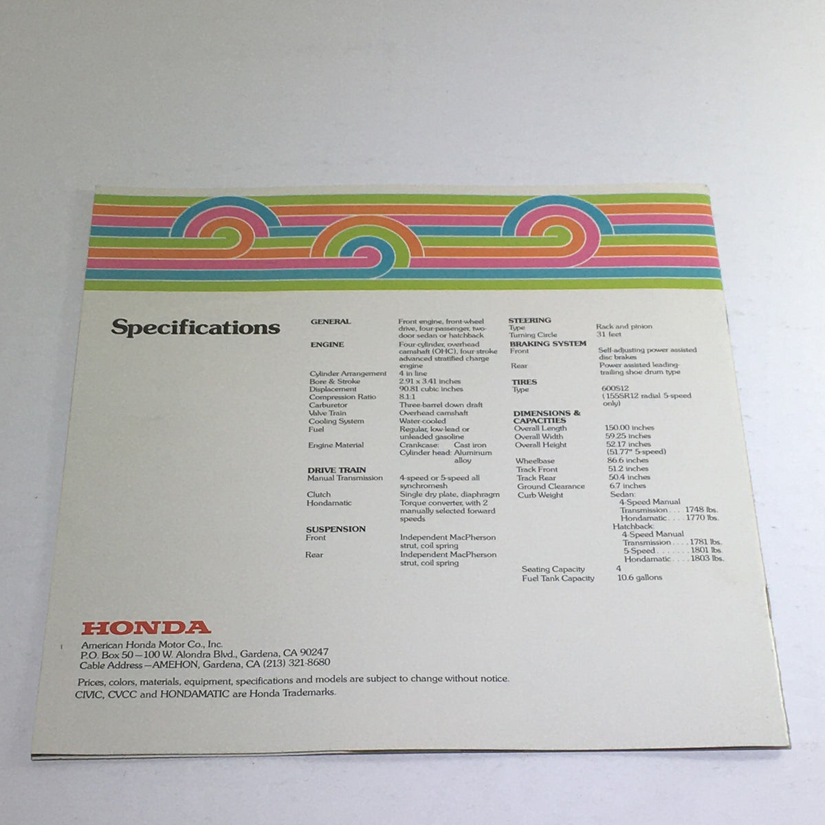 1975 Honda CVCC Specifications Dealership Car Auto Brochure displaying detailed specifications including engine and performance information with a retro design.
