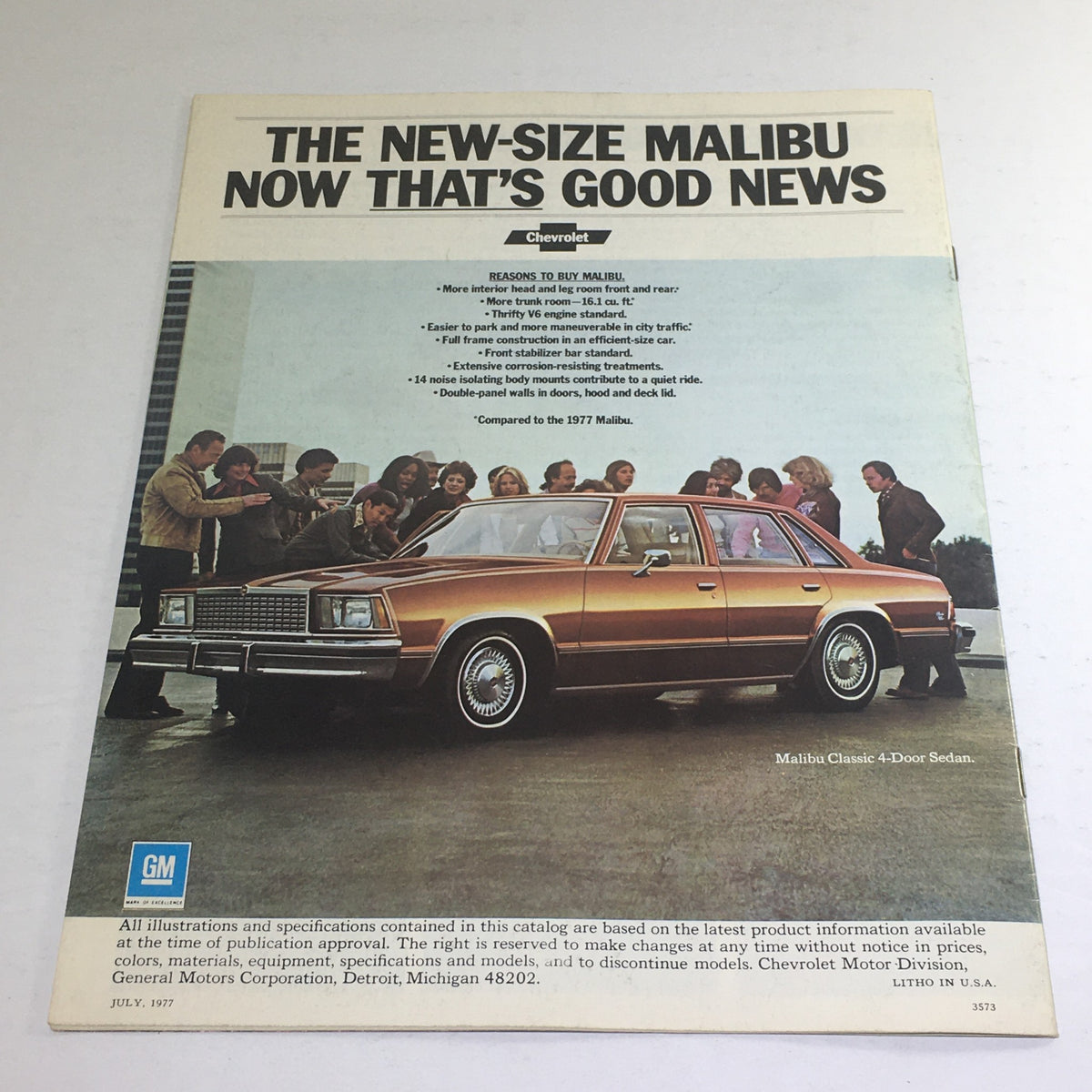 1978 Chevrolet New-Size Malibu Squire Dealership Car Auto Brochure Catalog featuring an exterior view of the Malibu Classic 4-Door Sedan surrounded by a group of people.