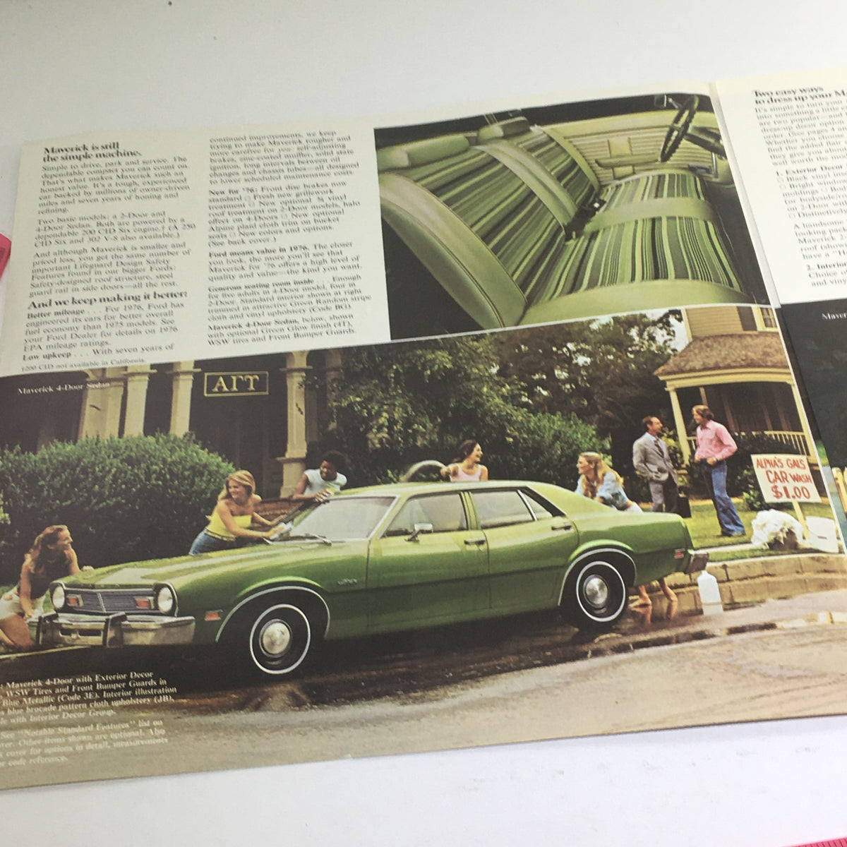 1976 Ford Maverick Sedan Dealership Car Auto Brochure Catalog, highlighting family-friendly interior with seating arrangements and a green Ford Maverick parked with people, emphasizing the car's value and features.