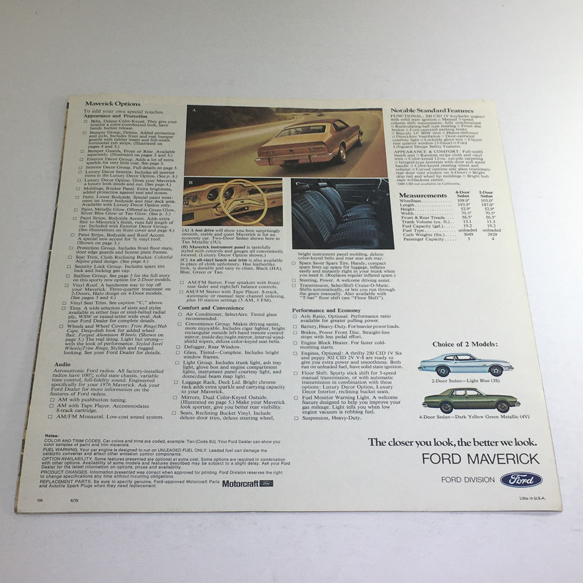 1976 Ford Maverick Sedan Dealership Car Auto Brochure Catalog showing detailed features, options, measurements, and performance information on the back cover.