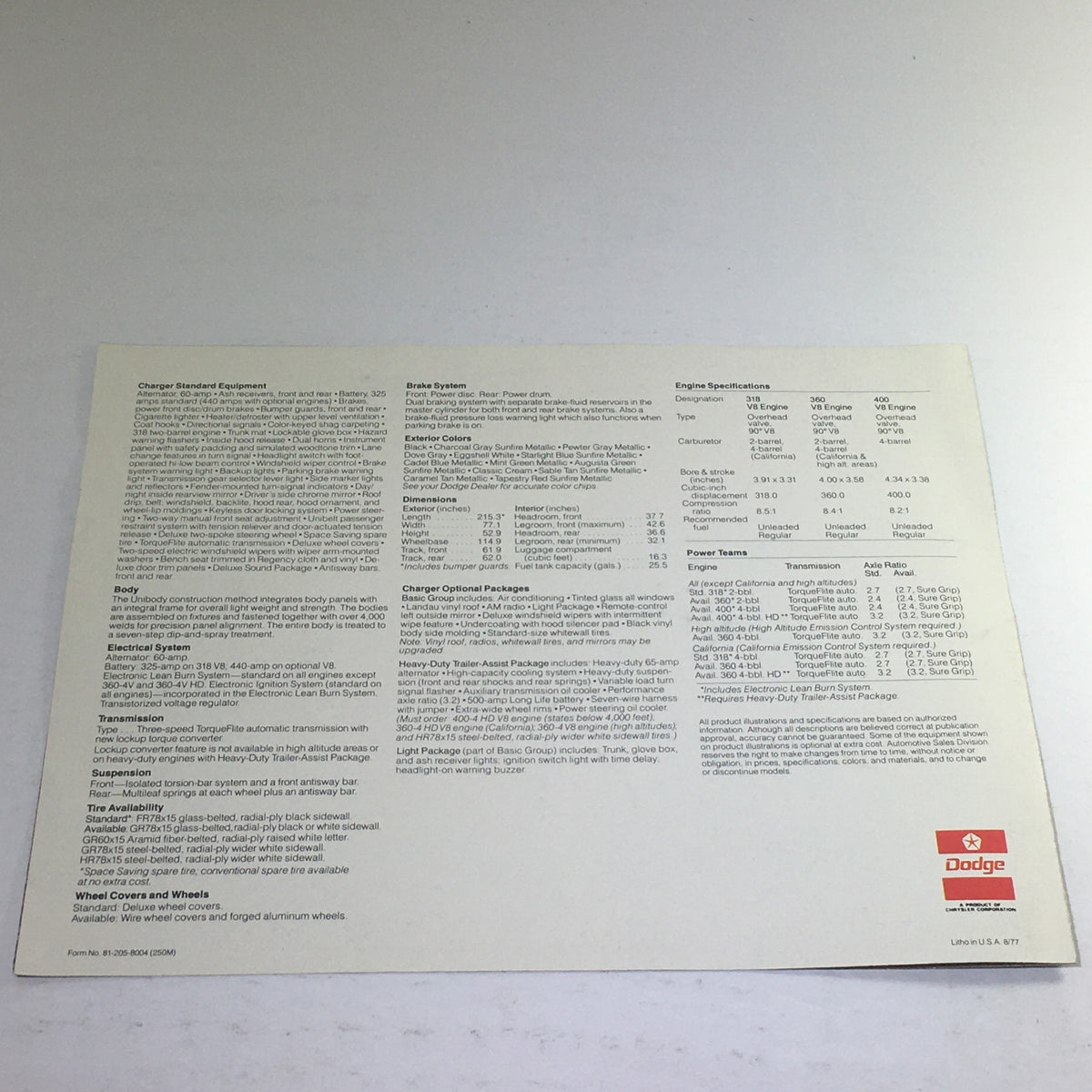 Rear view of a 1978 Dodge Charger SE Sedan dealership brochure, showcasing detailed specifications and features.