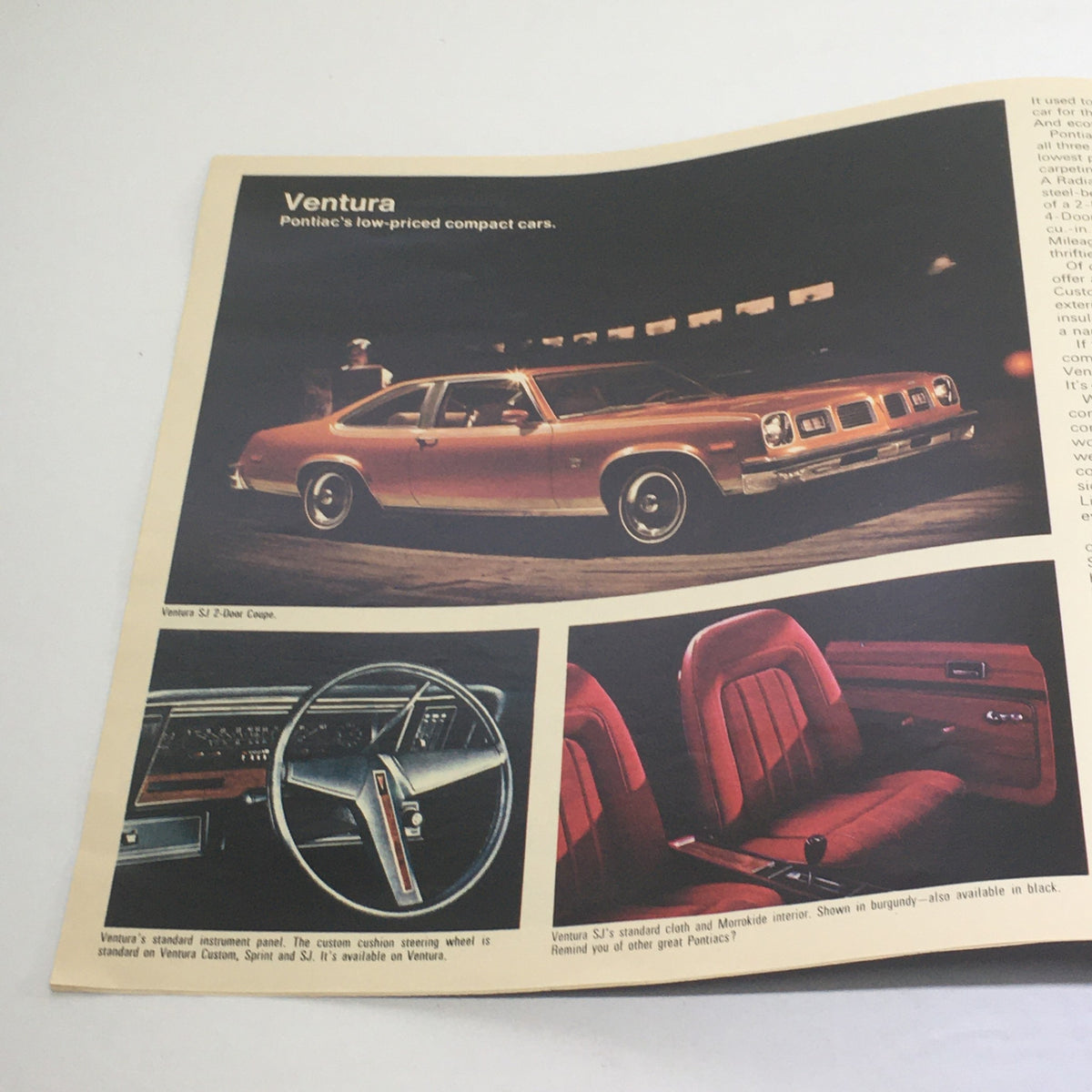 Inside page of the 1975 Pontiac Astre/Ventura/Firebird Wagons Dealership Car Auto Brochure Catalog showcasing the Ventura model with interior design details.