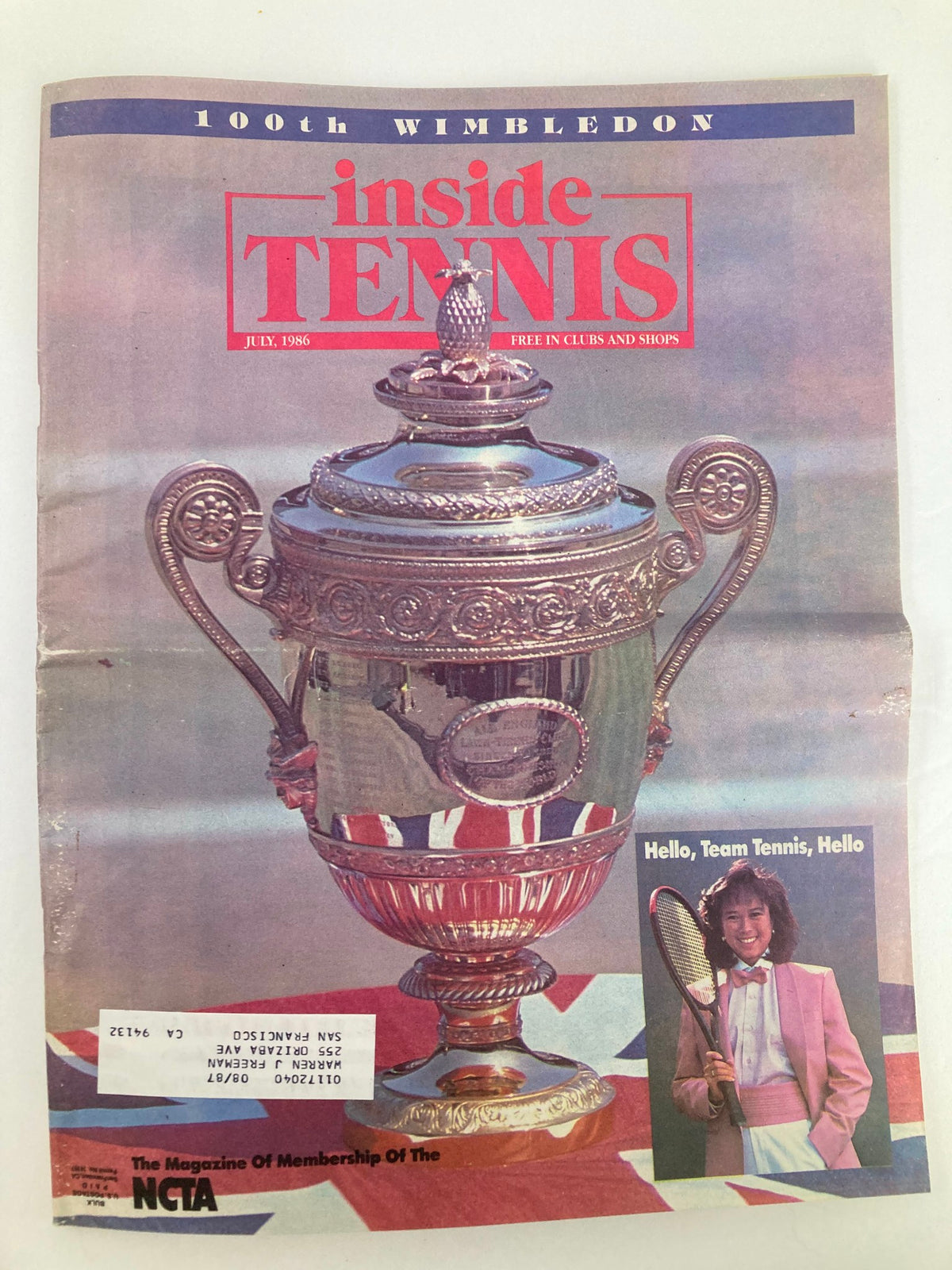 Inside Tennis Magazine from July 1986 featuring the 100th Wimbledon celebration, showcasing a historic trophy against a backdrop of the Union Jack. This vintage magazine covers Team Tennis and significant moments in tennis history.