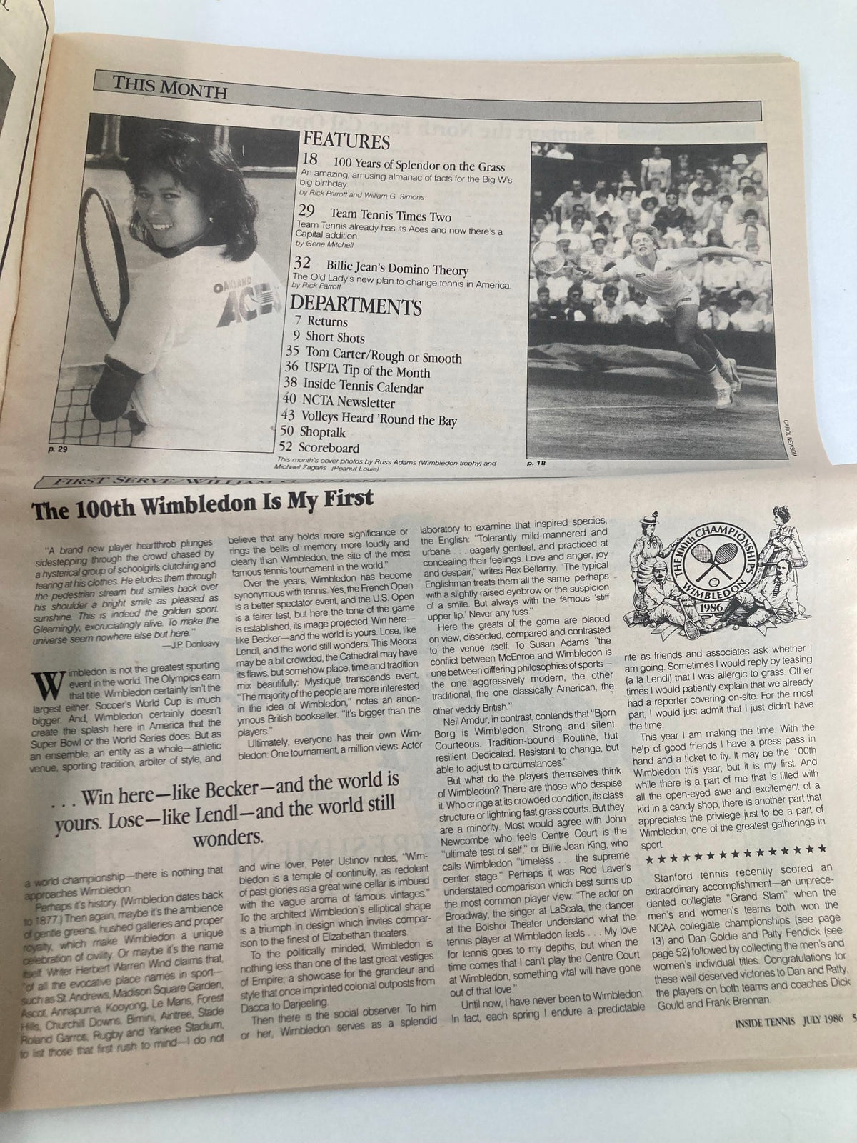 Interior page of Inside Tennis Magazine July 1986 highlighting features about the 100th Wimbledon, including articles on tennis history, Team Tennis, and notable players, emphasizing the cultural impact of tennis during the 1980s.