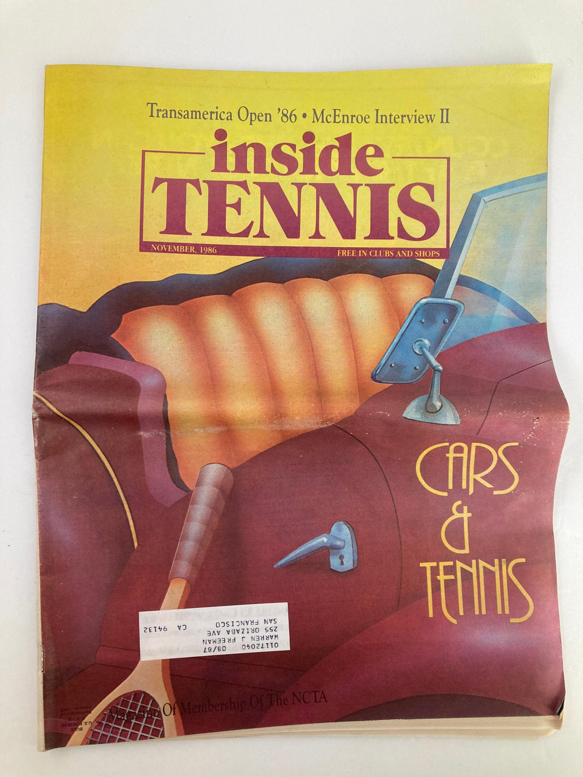 Cover of Inside Tennis Magazine, November 1986, featuring the Transamerica Open and John McEnroe interview, illustrated with a vintage car and tennis racket.