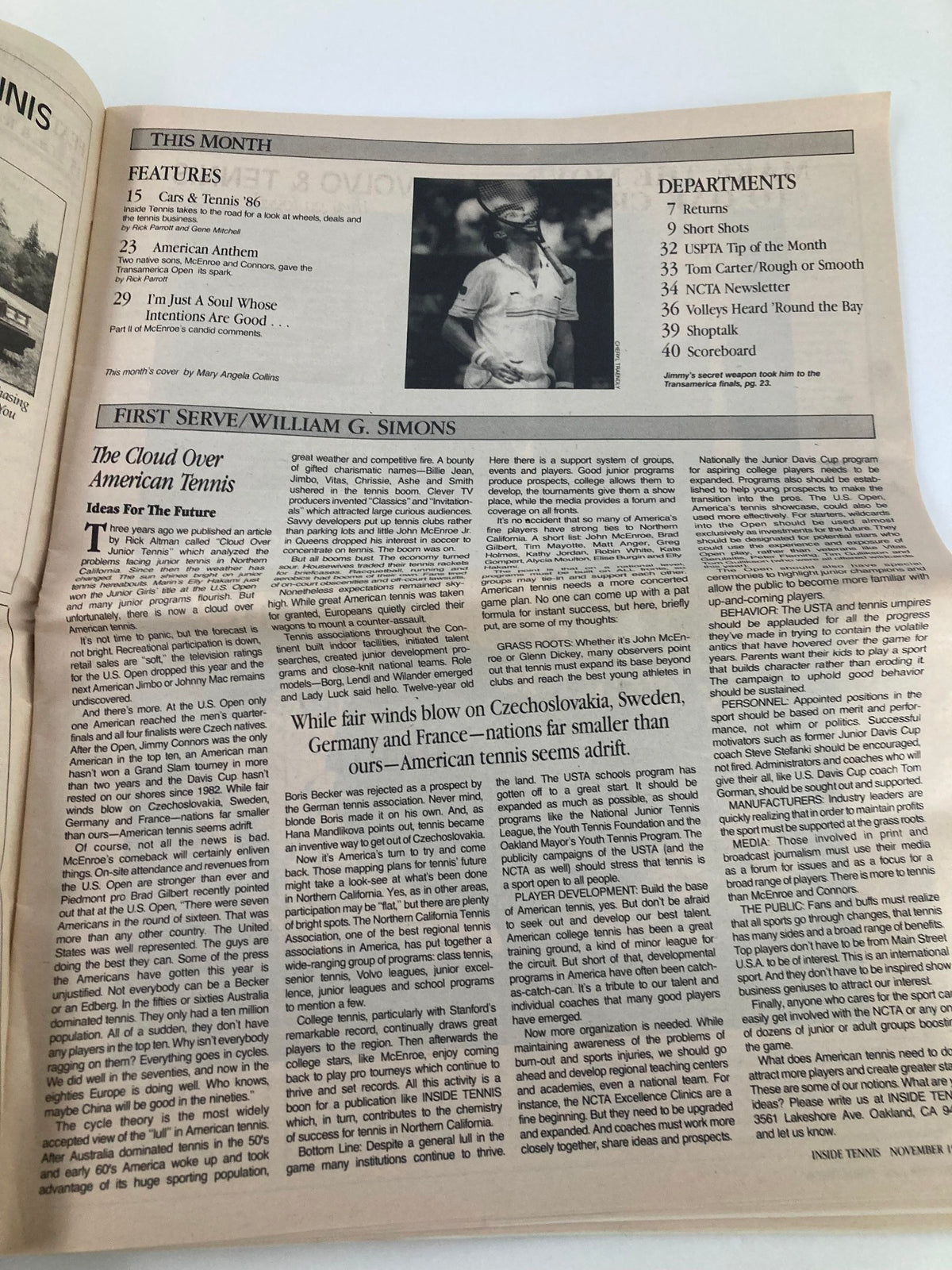 Inside Tennis Magazine November 1986 featuring an article layout with highlights from the Transamerica Open and an interview with John McEnroe.