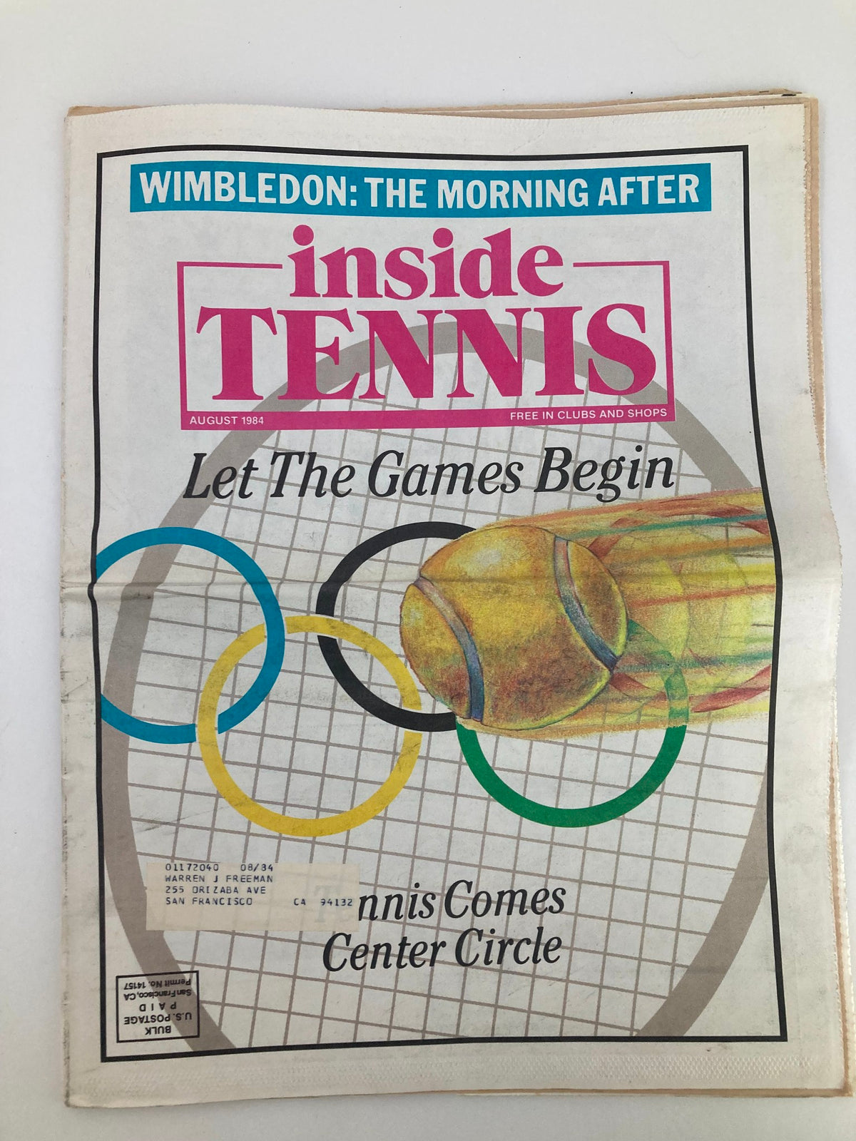 Cover of the VTG Inside Tennis Magazine August 1984 featuring Wimbledon with the tagline 'Let The Games Begin' and a colorful tennis ball illustration.