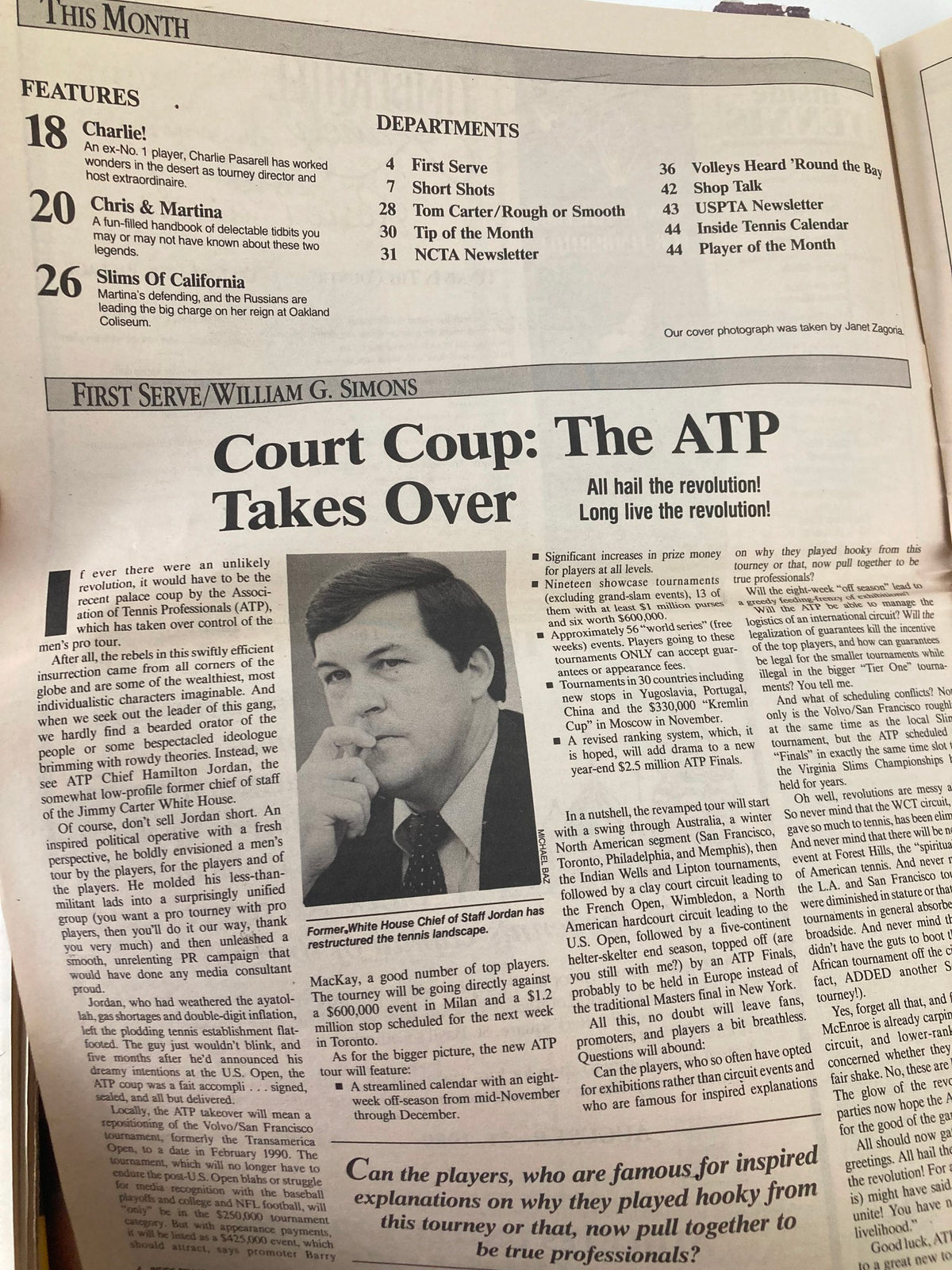 Inside Tennis Magazine March 1989 featuring an article titled 'Court Coup: The ATP Takes Over' with notable mentions of tennis figures, encapsulating the pivotal changes in the sport at that time. This image is part of a collectible issue titled 'The Chris and Martina Show Goes On', highlighting the legendary rivalry between Chris Evert and Martina Navratilova.