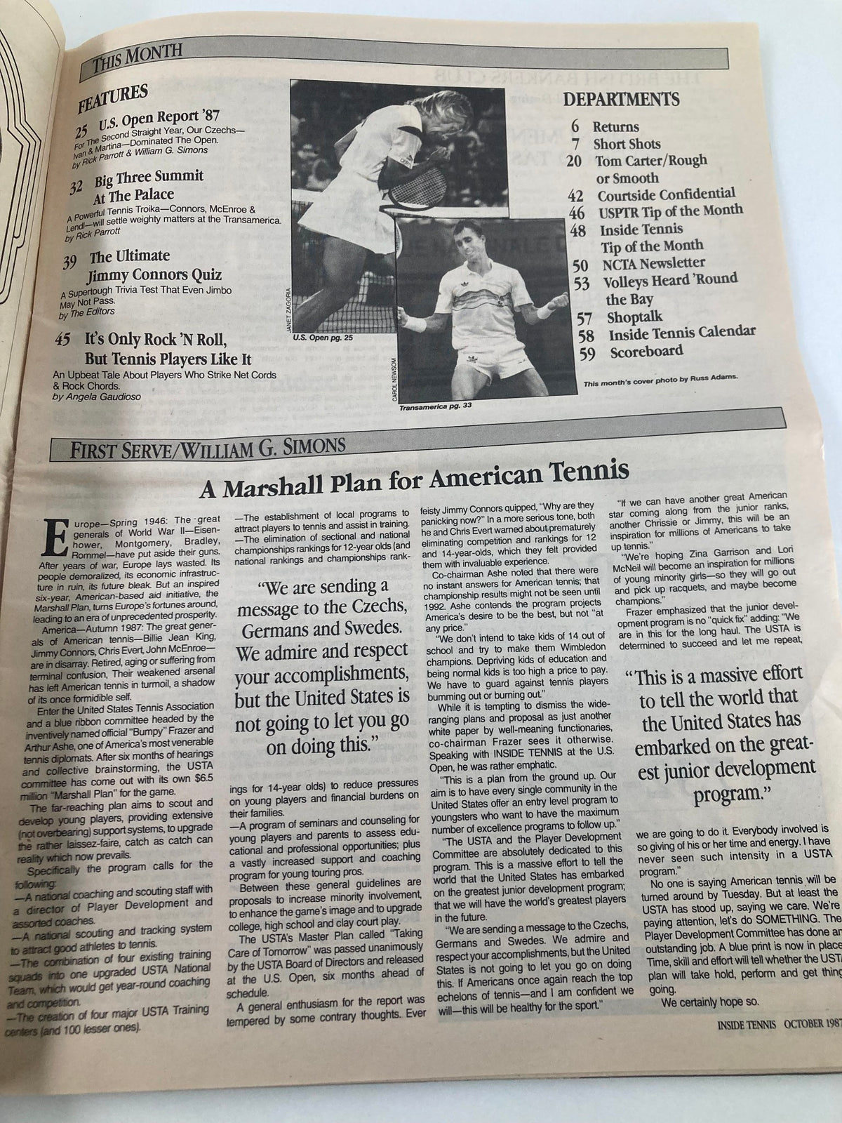 Inside page of VTG Inside Tennis Magazine October 1987, showcasing features including the Ultimate Jimmy Connors Quiz and other articles related to tennis, with highlighted text sections.