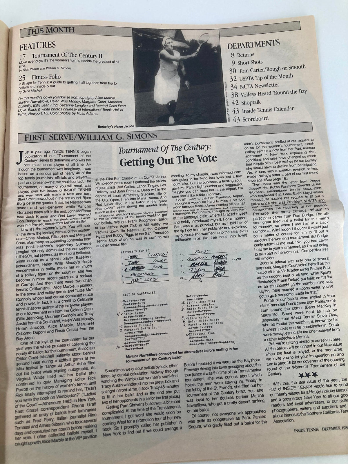 Page from Inside Tennis Magazine December 1986, showcasing features and articles including 'Tournament of The Century: Getting Out The Vote' and photographs of female tennis athletes.