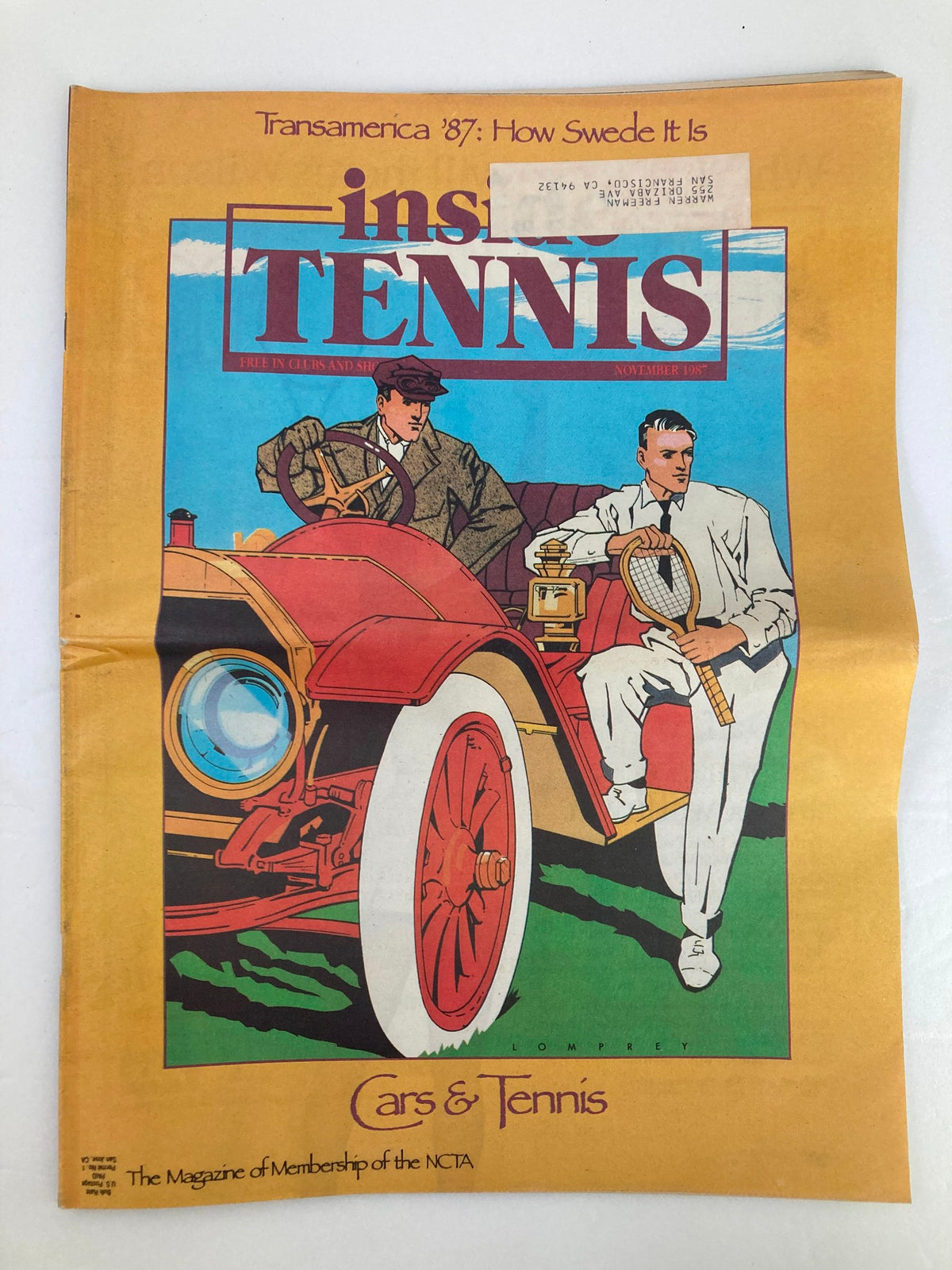 Cover of Vintage Inside Tennis Magazine, November 1987 issue titled 'Transamerica '87: How Swede It Is', featuring colorful illustration of two men, one driving a vintage car and the other holding a tennis racket.