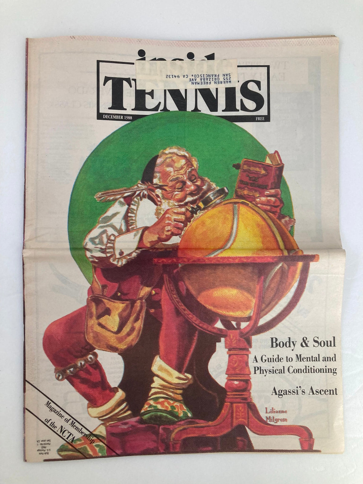 Cover of VTG Inside Tennis Magazine December 1988 featuring a vibrant illustration related to mental and physical conditioning in tennis. The title 'Body & Soul: A Guide to Mental and Physical Conditioning' alongside highlights from the issue.