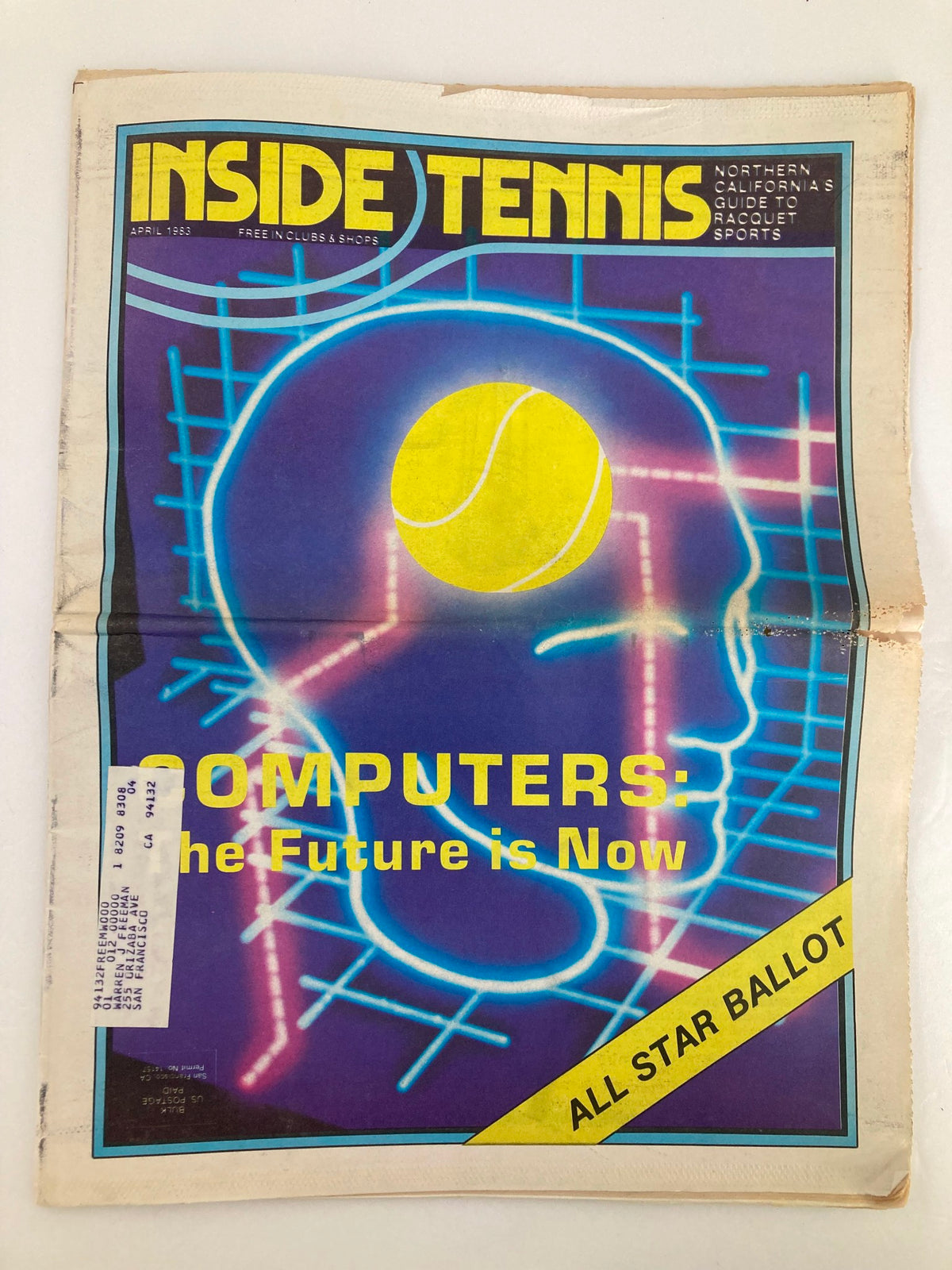 Cover of the VTG Inside Tennis Magazine May 1983, featuring the headline 'Computers: The Future is Now' with a vibrant design including a tennis ball and abstract graphics.