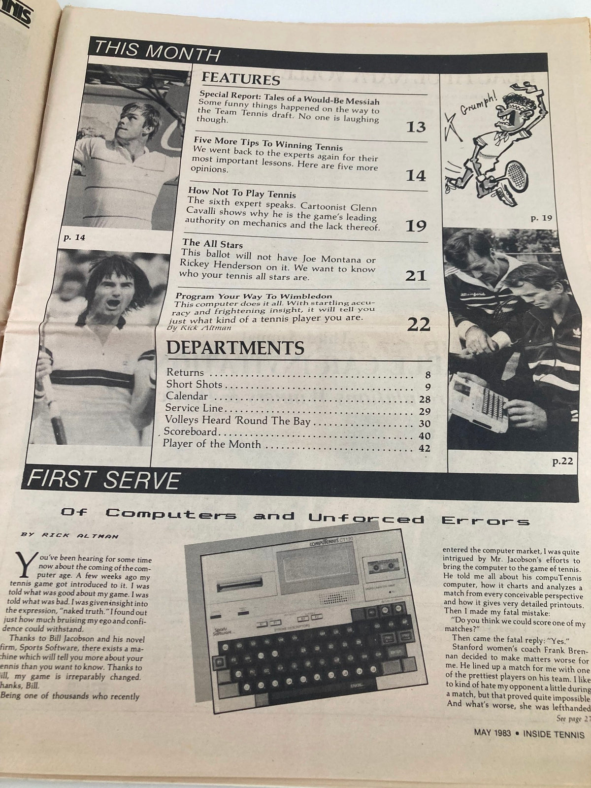 Inside view of the May 1983 Inside Tennis Magazine displaying the contents page, featuring articles including 'Of Computers and Unforced Errors' alongside various tennis topics.