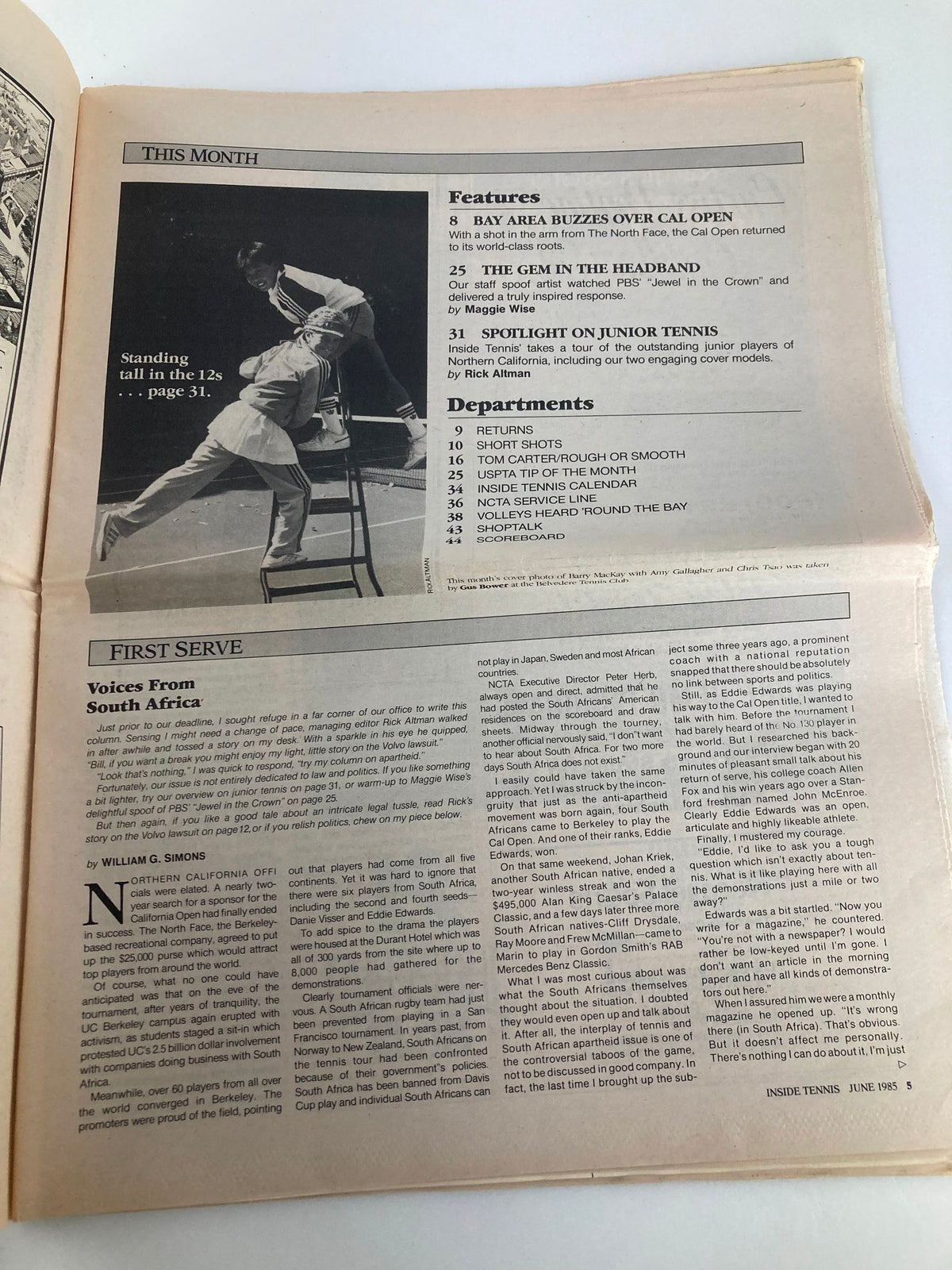 Inside Tennis Magazine June 1985 page featuring a photo and articles discussing junior tennis and notable events, highlighting talent and competitive spirit in the sport.