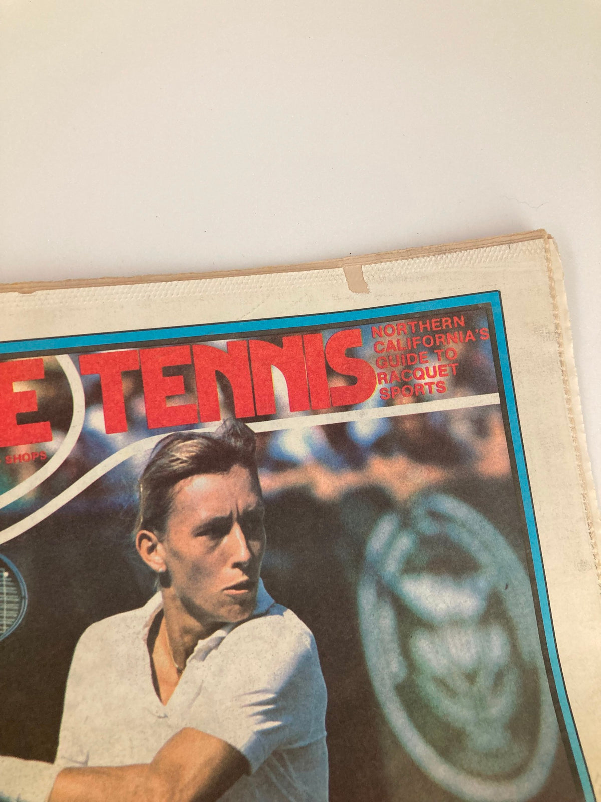 Close-up of the cover of Inside Tennis Magazine August 1983 highlighting the title 'Inside Tennis' with a dynamic image of a male tennis player in action, emphasizing the all-star team feature.